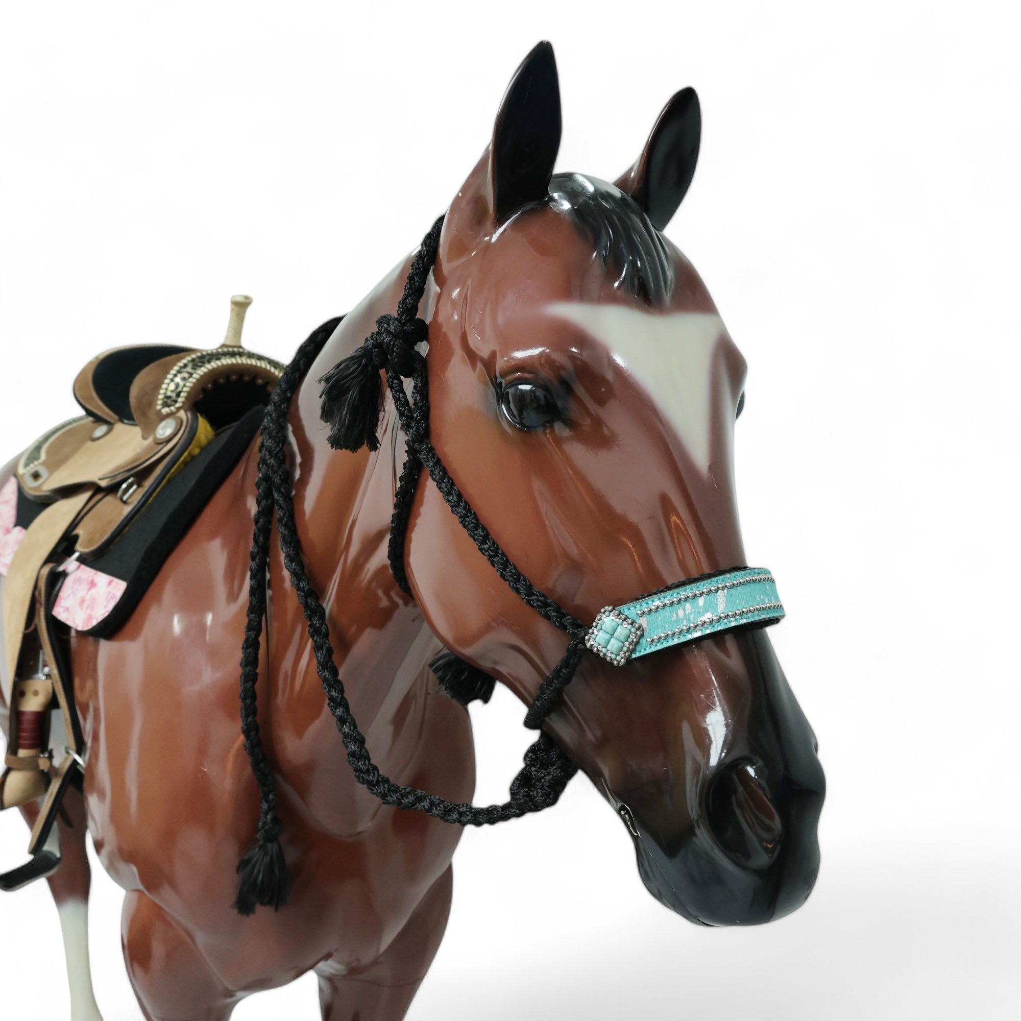 MOUSM Mule Halter for Horse – 1.5" Inches Wide Leather Noseband Decorated with Turquoise Acid Wash Hair on Cowhide and Crystal Rhinestone Concho, 7.5&