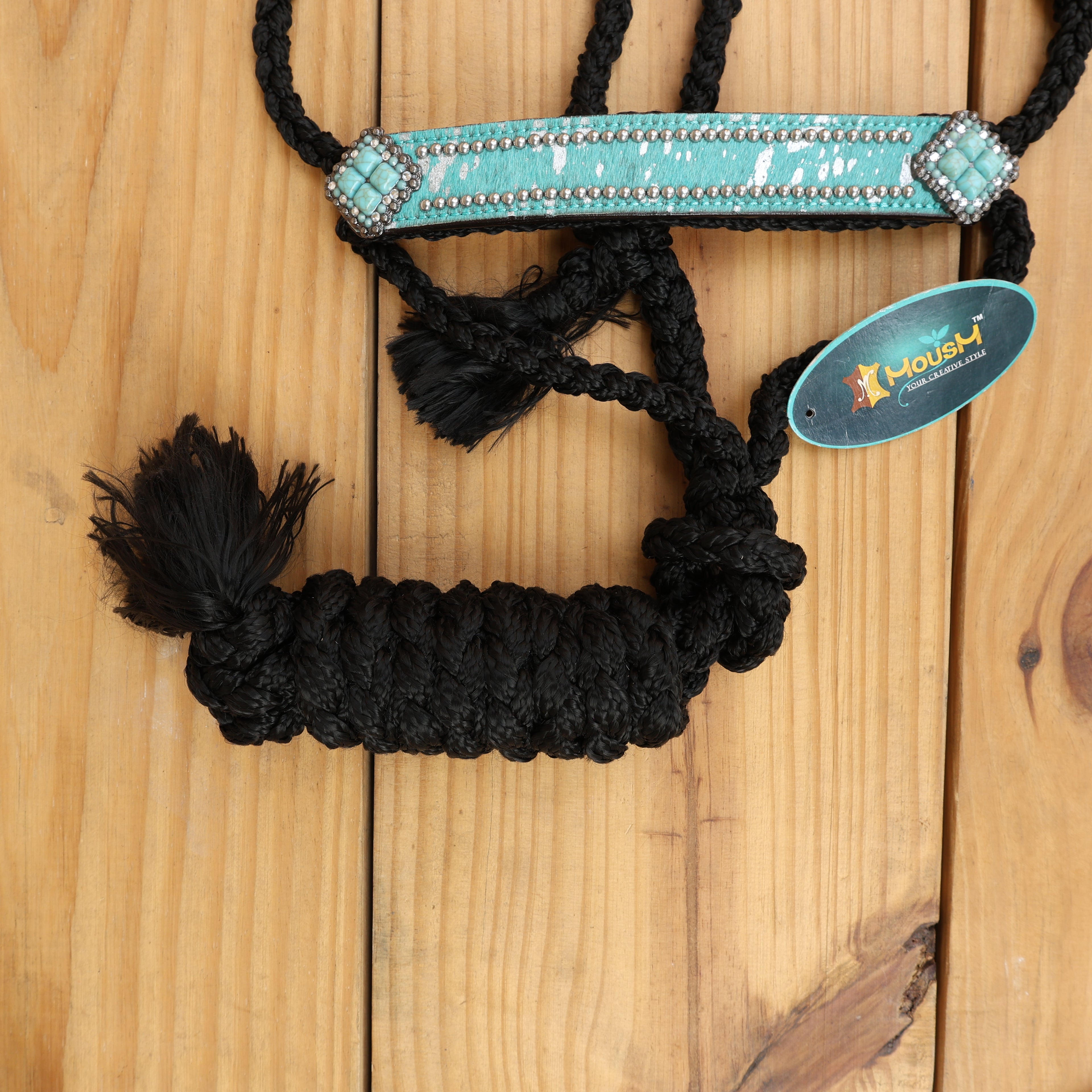 MOUSM Mule Halter for Horse – 1.5" Inches Wide Leather Noseband Decorated with Turquoise Acid Wash Hair on Cowhide and Crystal Rhinestone Concho, 7.5&