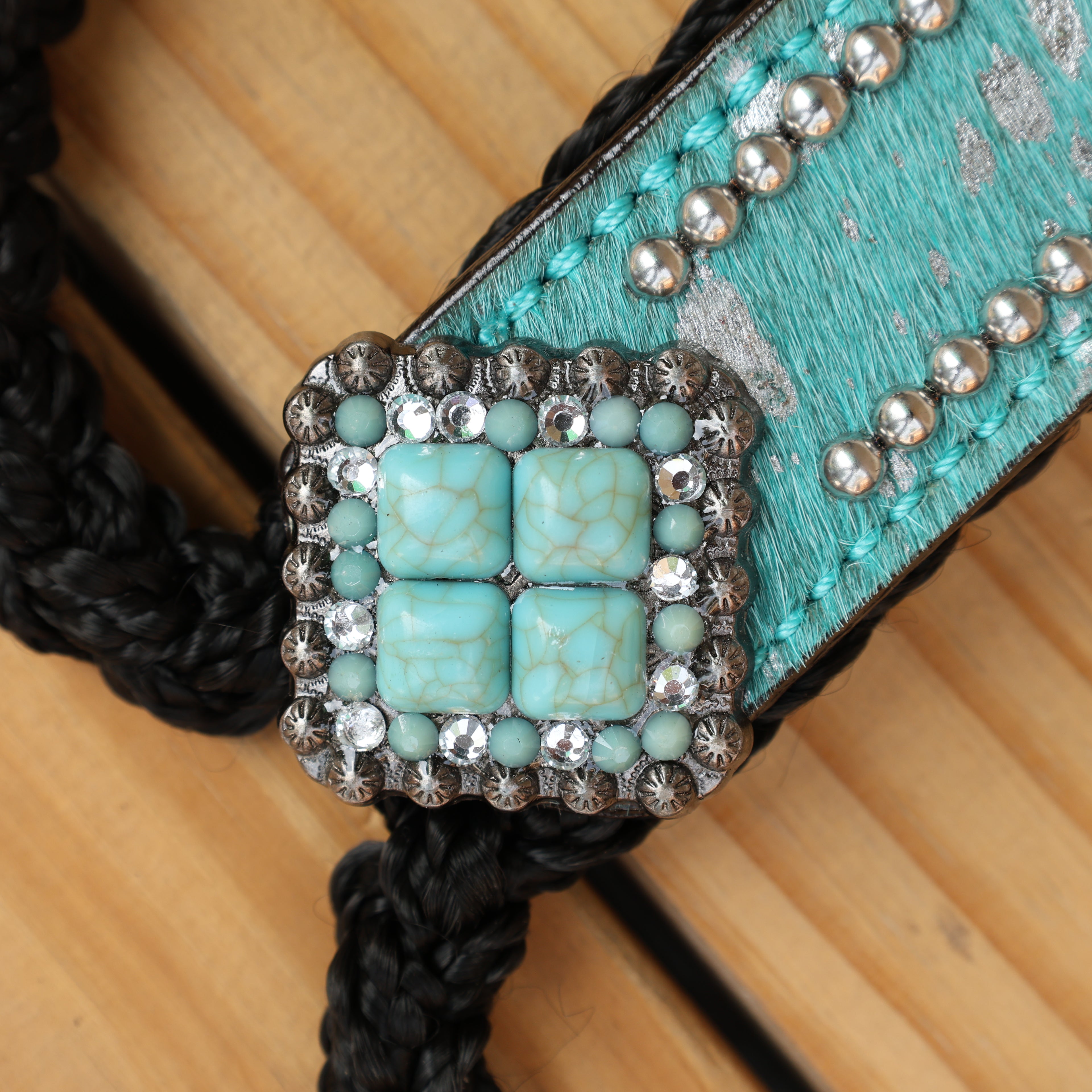 MOUSM Mule Halter for Horse – 1.5" Inches Wide Leather Noseband Decorated with Turquoise Acid Wash Hair on Cowhide and Crystal Rhinestone Concho, 7.5&