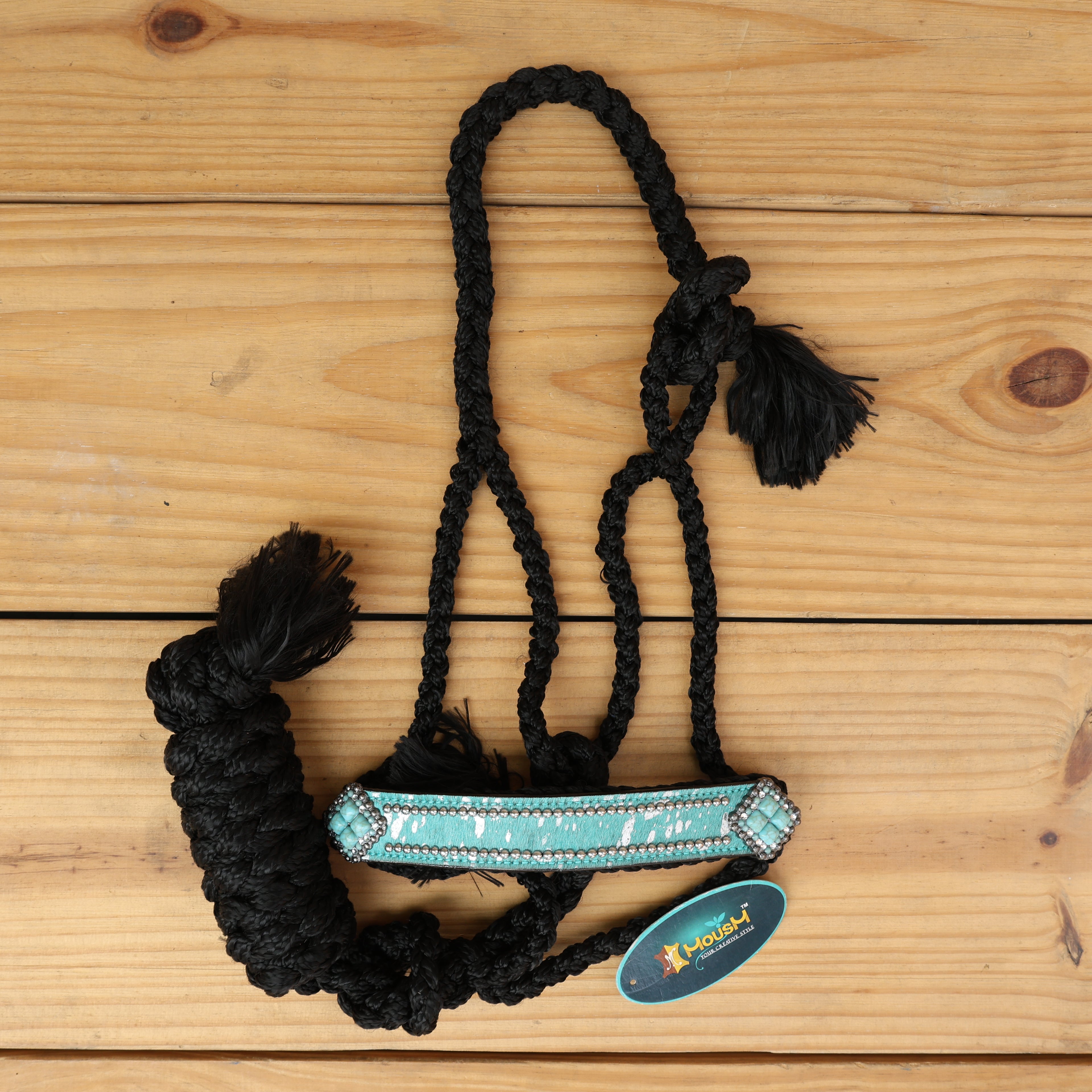 MOUSM Mule Halter for Horse – 1.5" Inches Wide Leather Noseband Decorated with Turquoise Acid Wash Hair on Cowhide and Crystal Rhinestone Concho, 7.5&