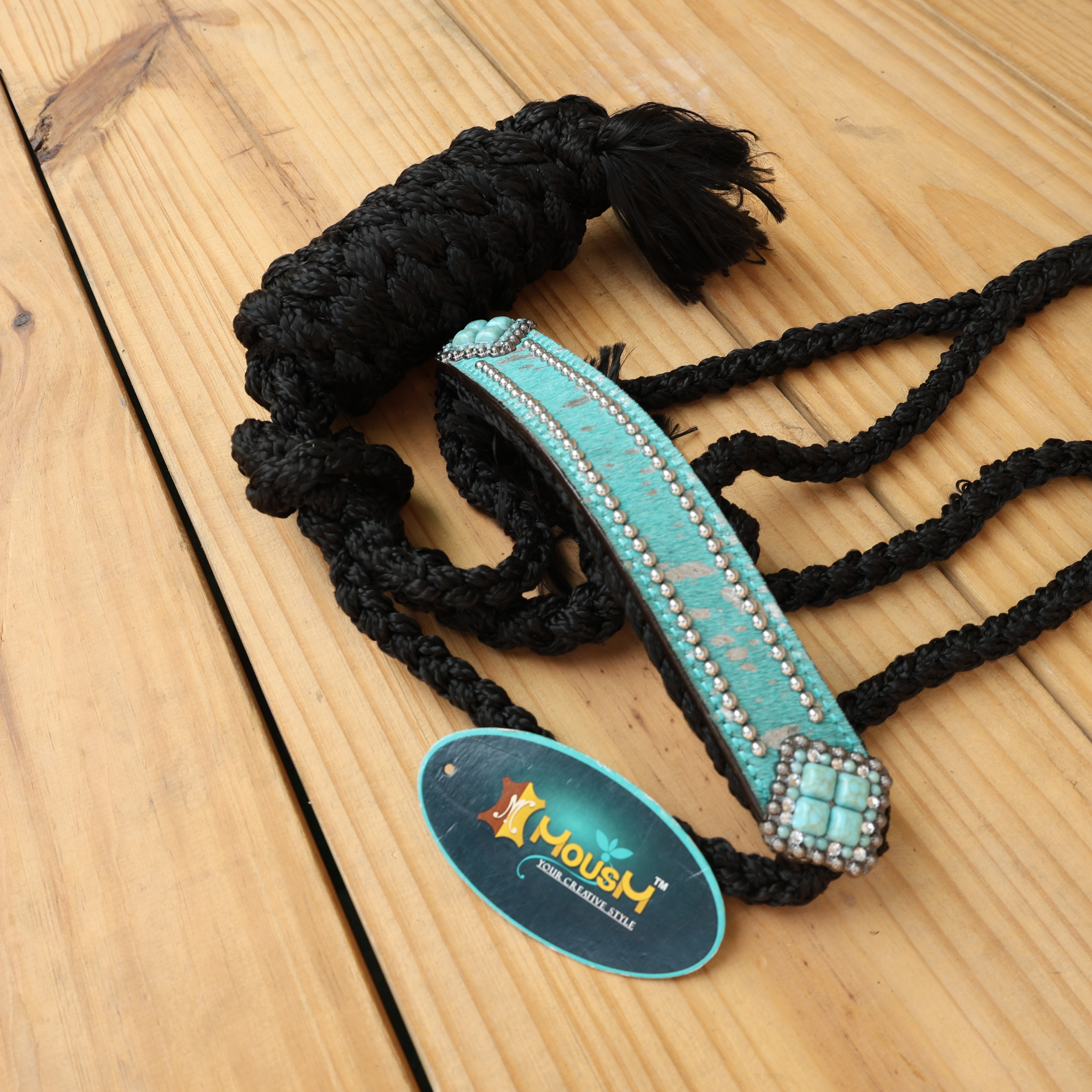 MOUSM Mule Halter for Horse – 1.5" Inches Wide Leather Noseband Decorated with Turquoise Acid Wash Hair on Cowhide and Crystal Rhinestone Concho, 7.5&