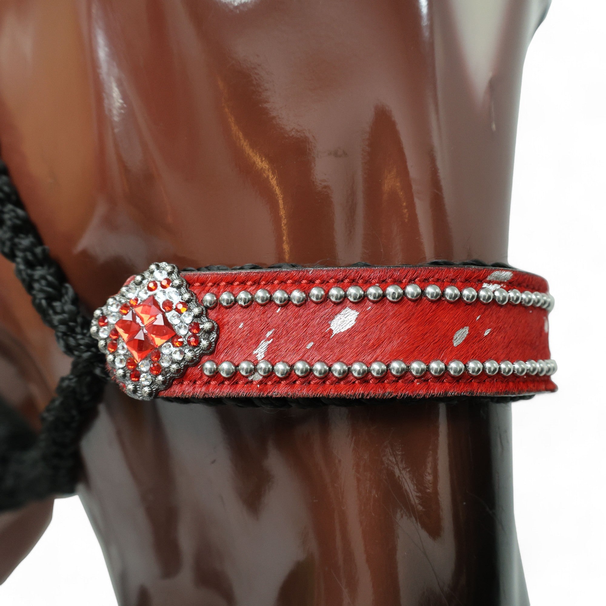 MOUSM Nylon Mule Halter for Horse – Decorated with Red Acid Wash Hair on Cowhide Leather Noseband 1.5" Inches Wide and Crystal Rhinestone Concho, 7.5&