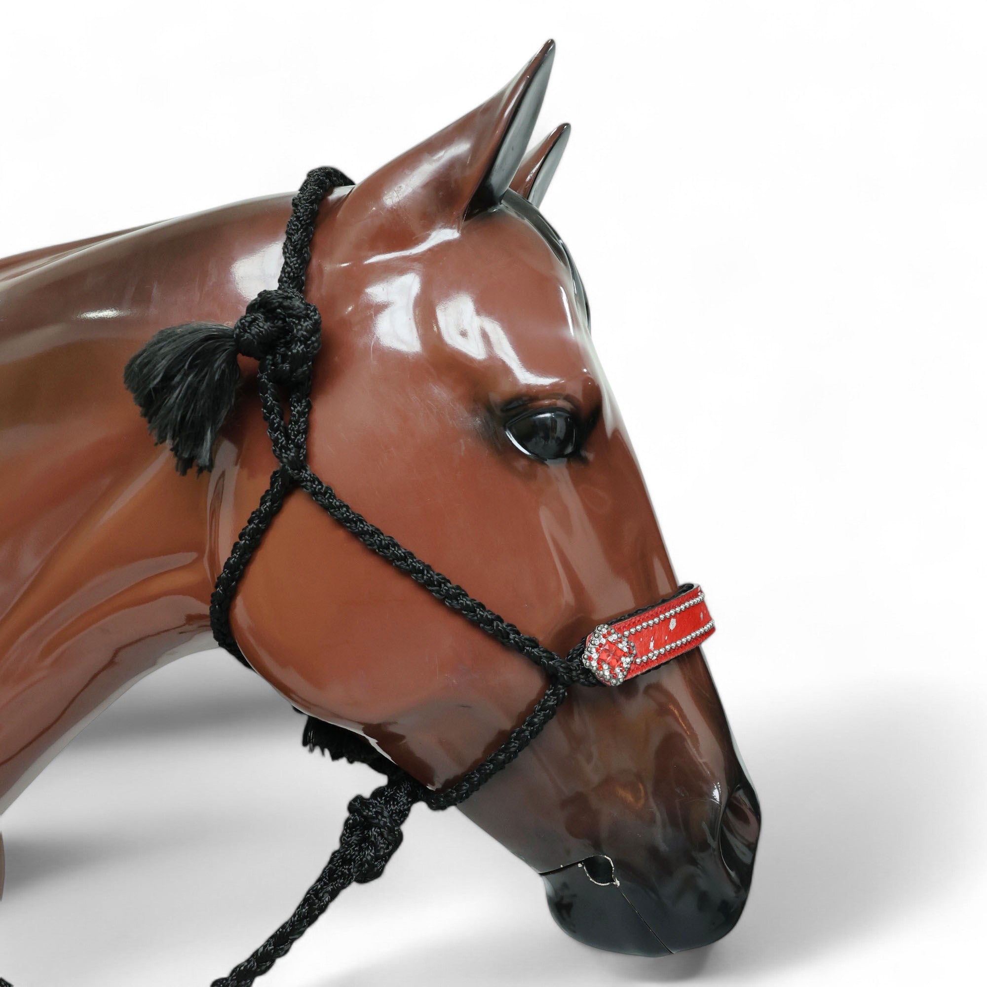 MOUSM Nylon Mule Halter for Horse – Decorated with Red Acid Wash Hair on Cowhide Leather Noseband 1.5" Inches Wide and Crystal Rhinestone Concho, 7.5&