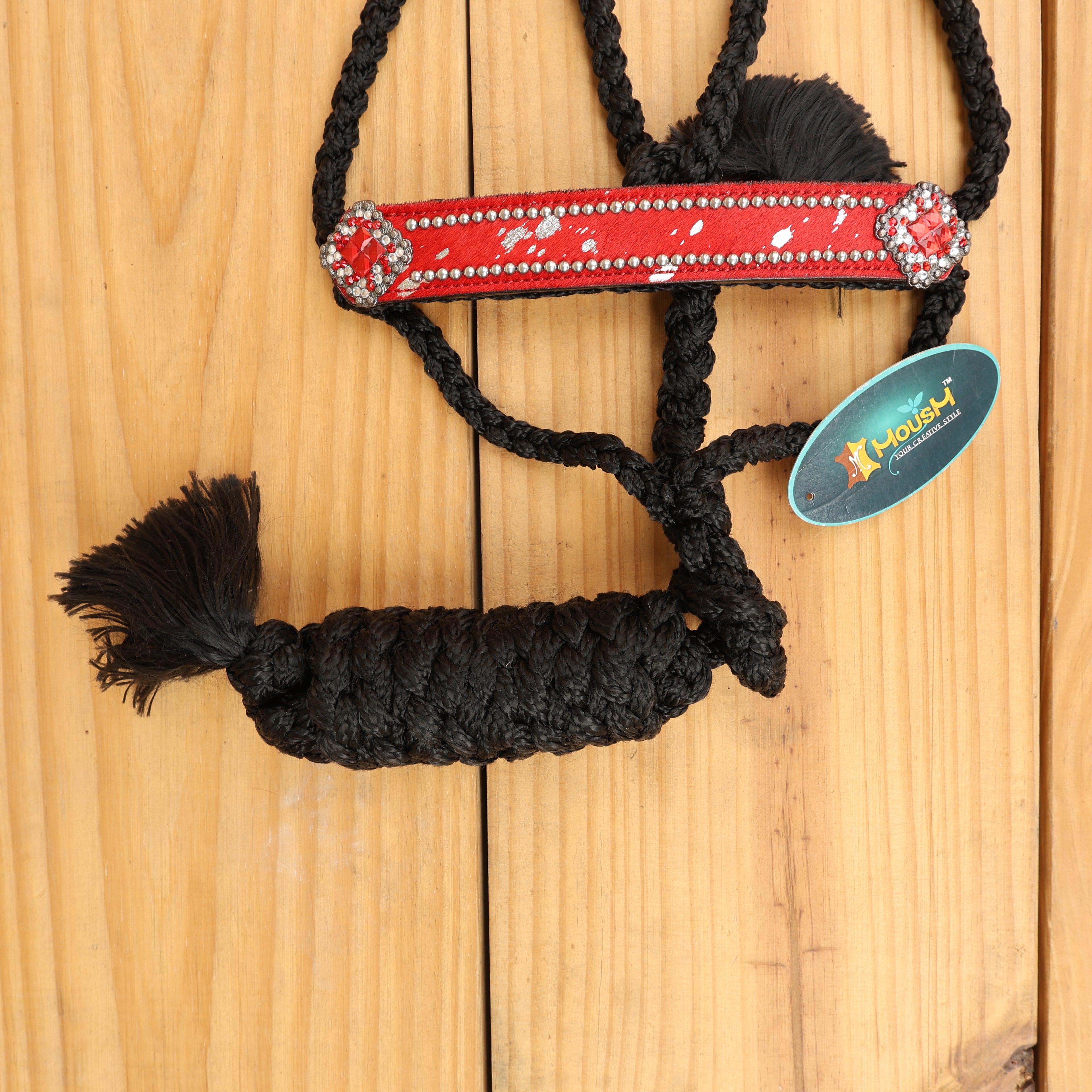 MOUSM Nylon Mule Halter for Horse – Decorated with Red Acid Wash Hair on Cowhide Leather Noseband 1.5" Inches Wide and Crystal Rhinestone Concho, 7.5&