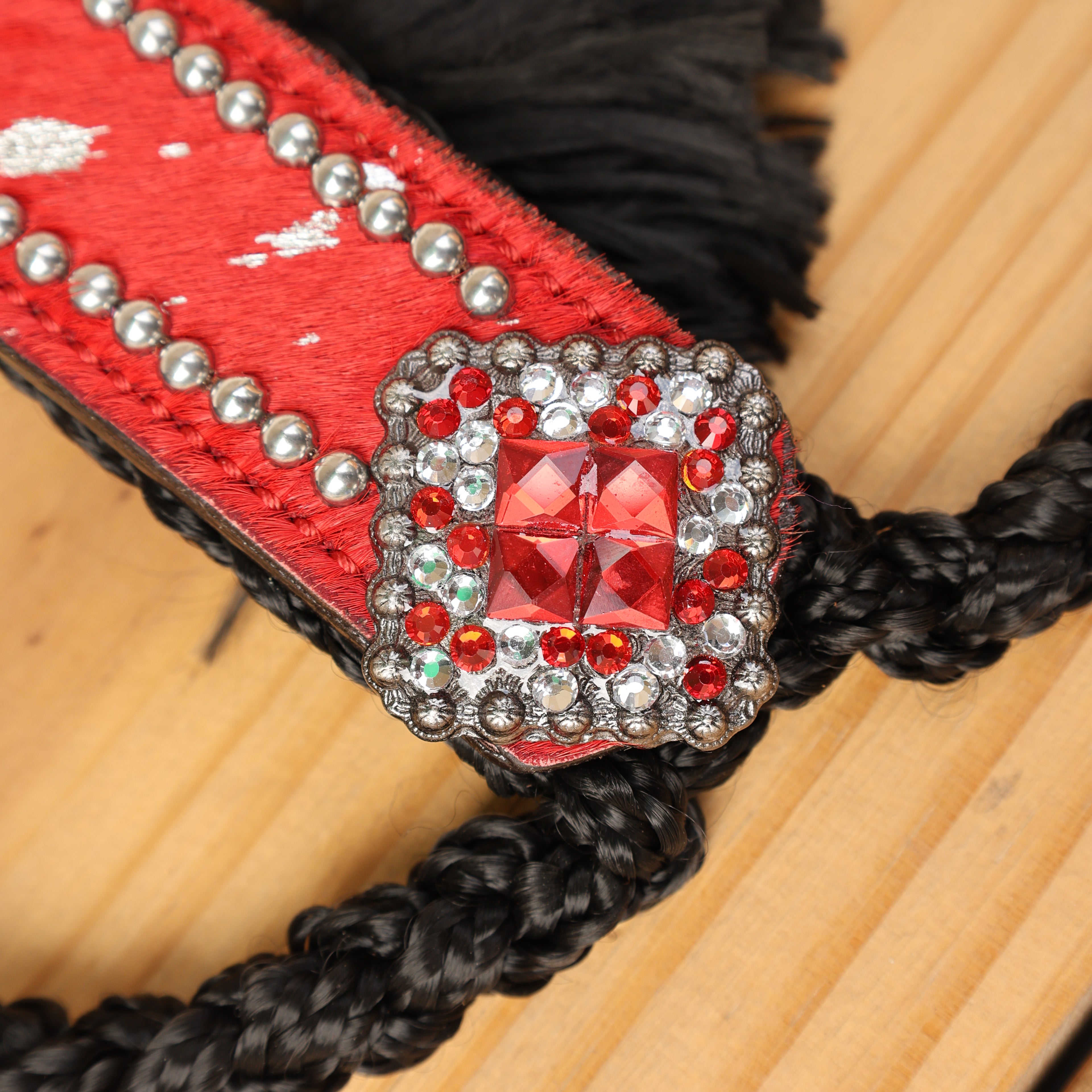 MOUSM Nylon Mule Halter for Horse – Decorated with Red Acid Wash Hair on Cowhide Leather Noseband 1.5" Inches Wide and Crystal Rhinestone Concho, 7.5&