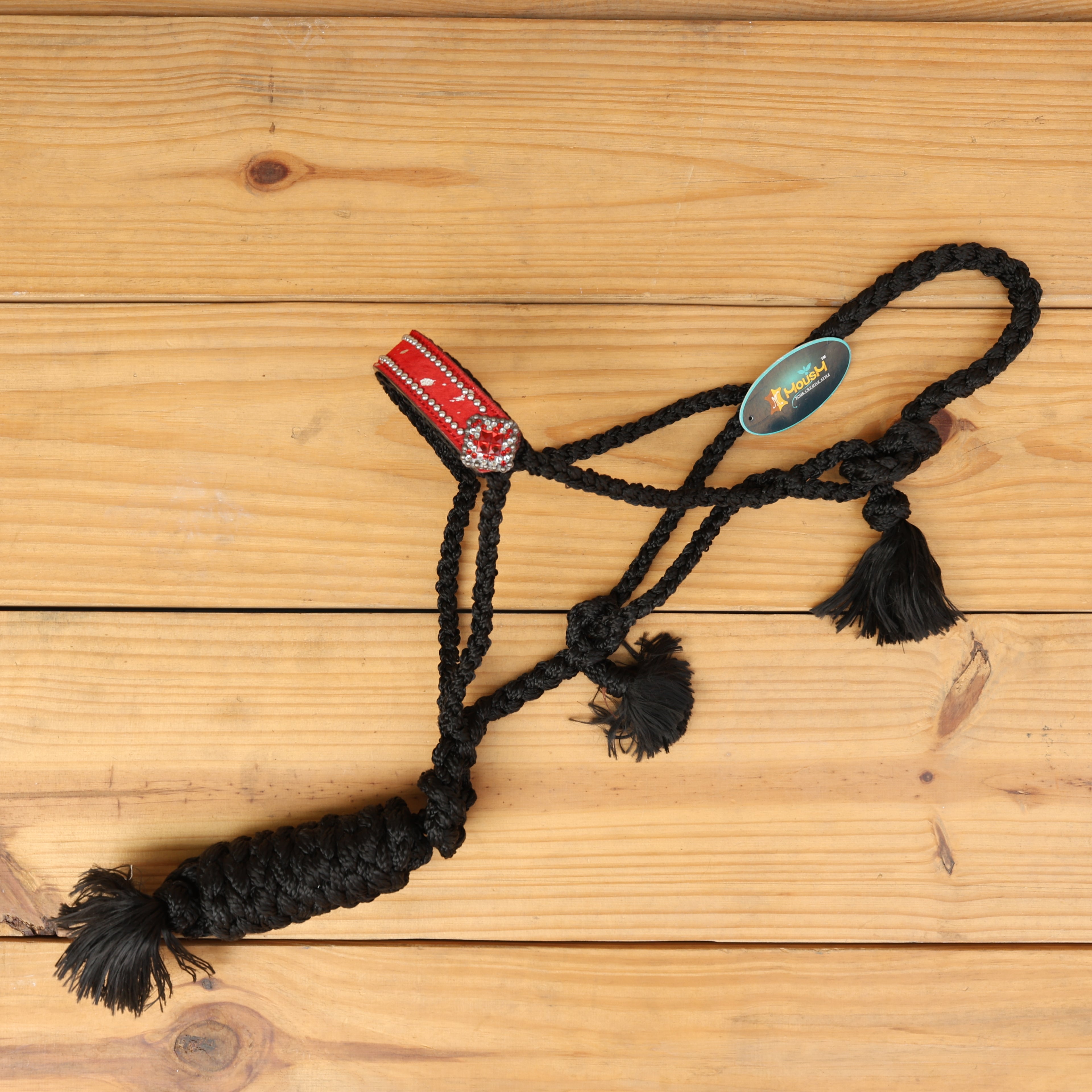 MOUSM Nylon Mule Halter for Horse – Decorated with Red Acid Wash Hair on Cowhide Leather Noseband 1.5" Inches Wide and Crystal Rhinestone Concho, 7.5&