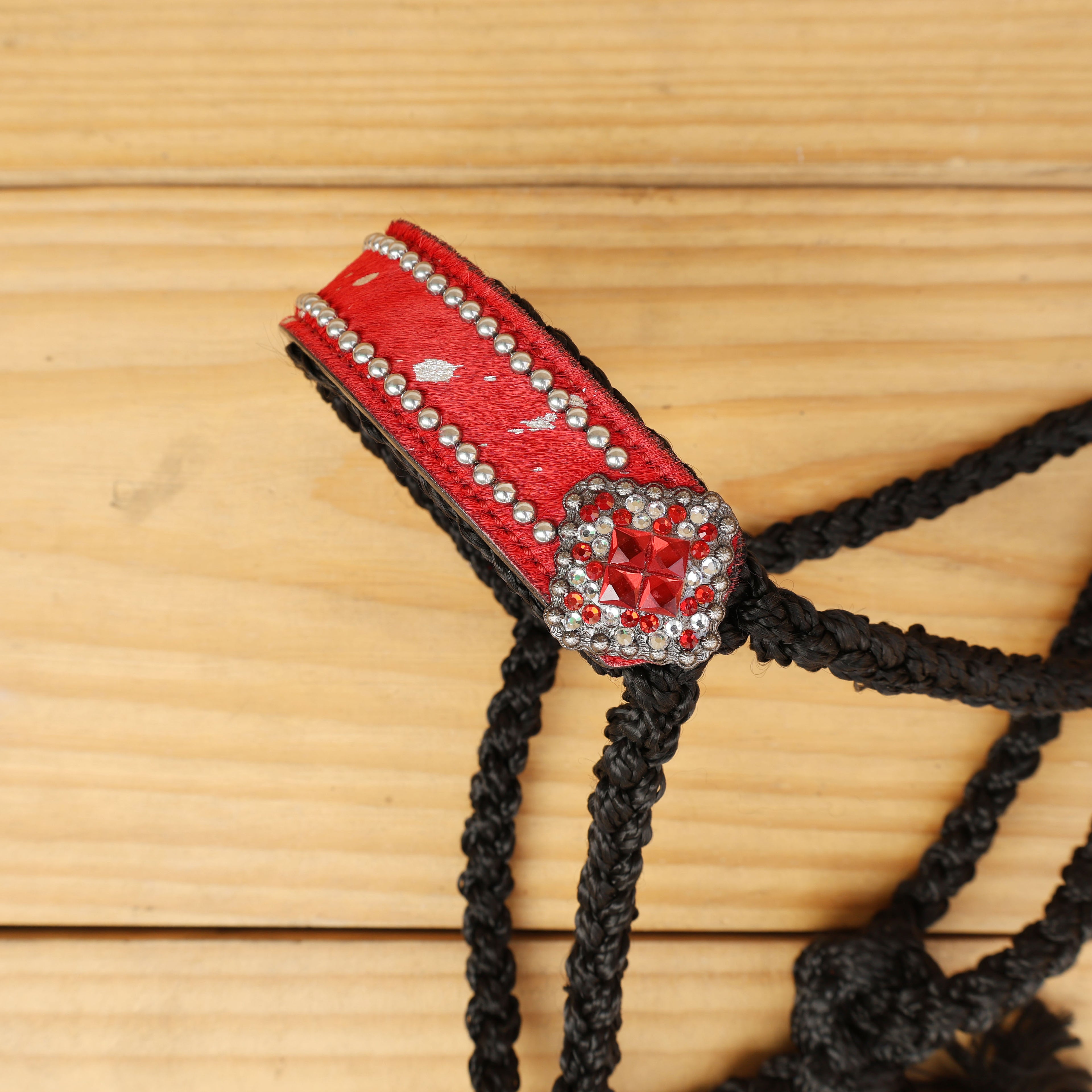 MOUSM Nylon Mule Halter for Horse – Decorated with Red Acid Wash Hair on Cowhide Leather Noseband 1.5" Inches Wide and Crystal Rhinestone Concho, 7.5&