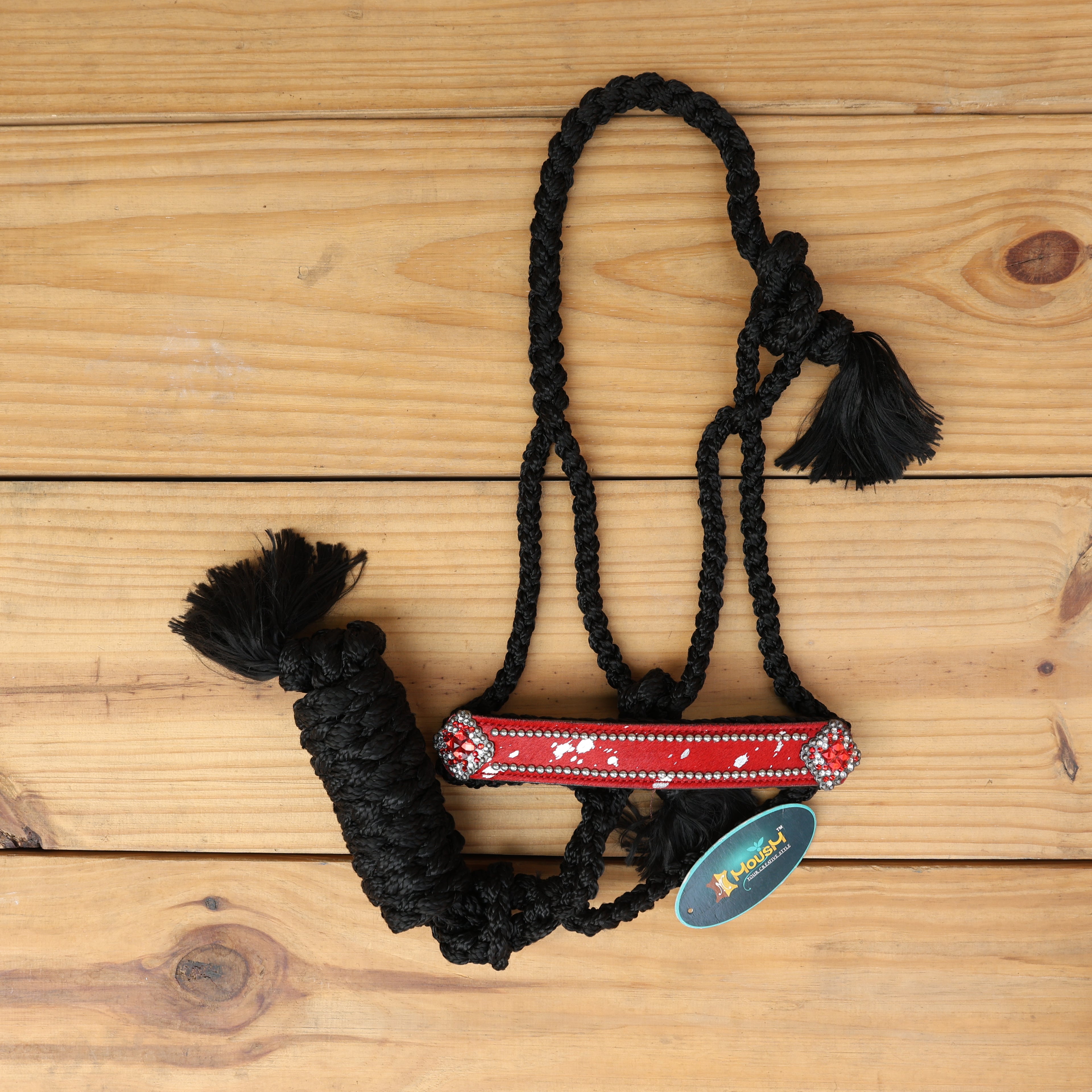 MOUSM Nylon Mule Halter for Horse – Decorated with Red Acid Wash Hair on Cowhide Leather Noseband 1.5" Inches Wide and Crystal Rhinestone Concho, 7.5&