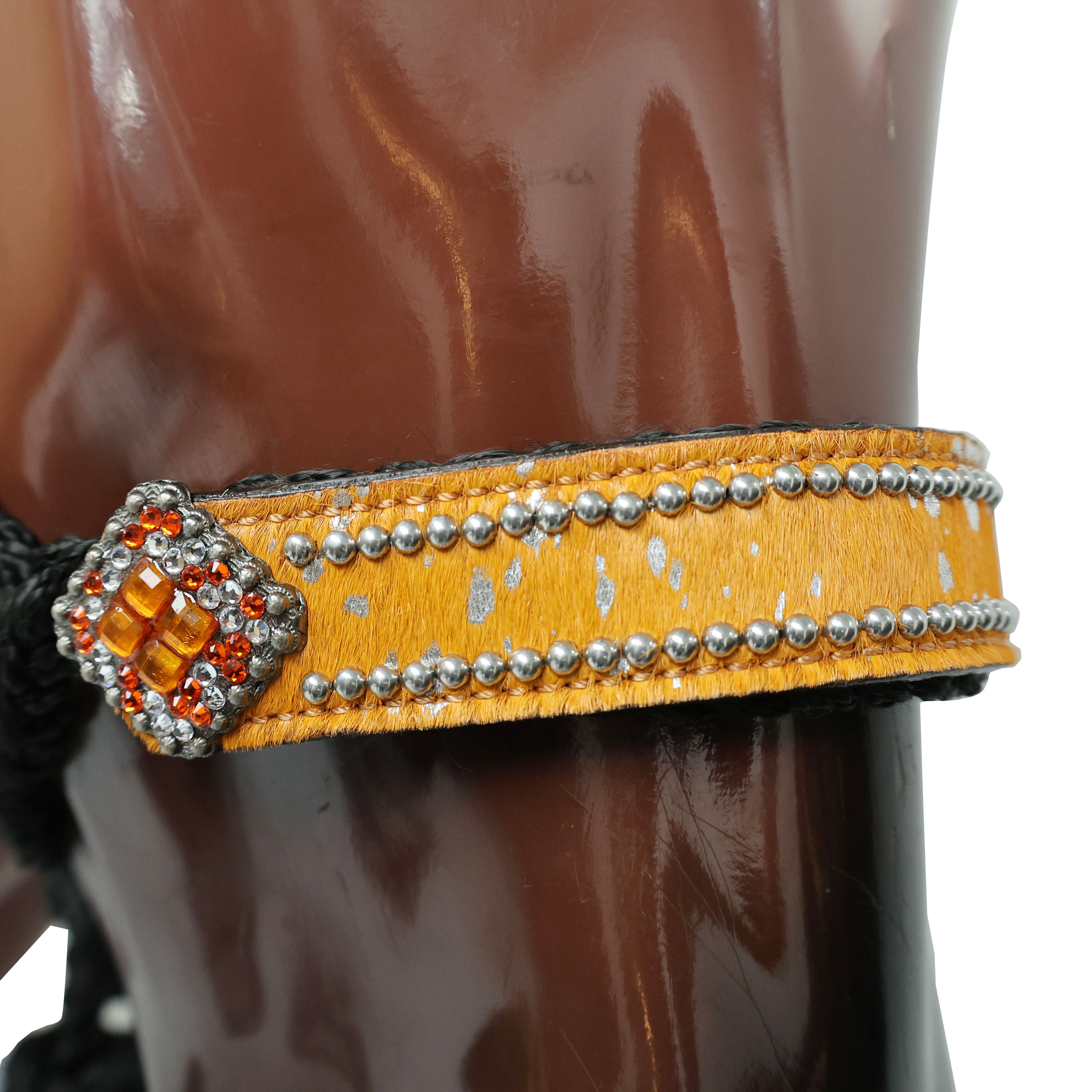 MOUSM Mule Halter for Horse - 1.5" Inches Wide Noseband Decorated with Orange Acid Wash Hair on Cowhide Leather and Crystal Rhinestone Concho, 7.5&