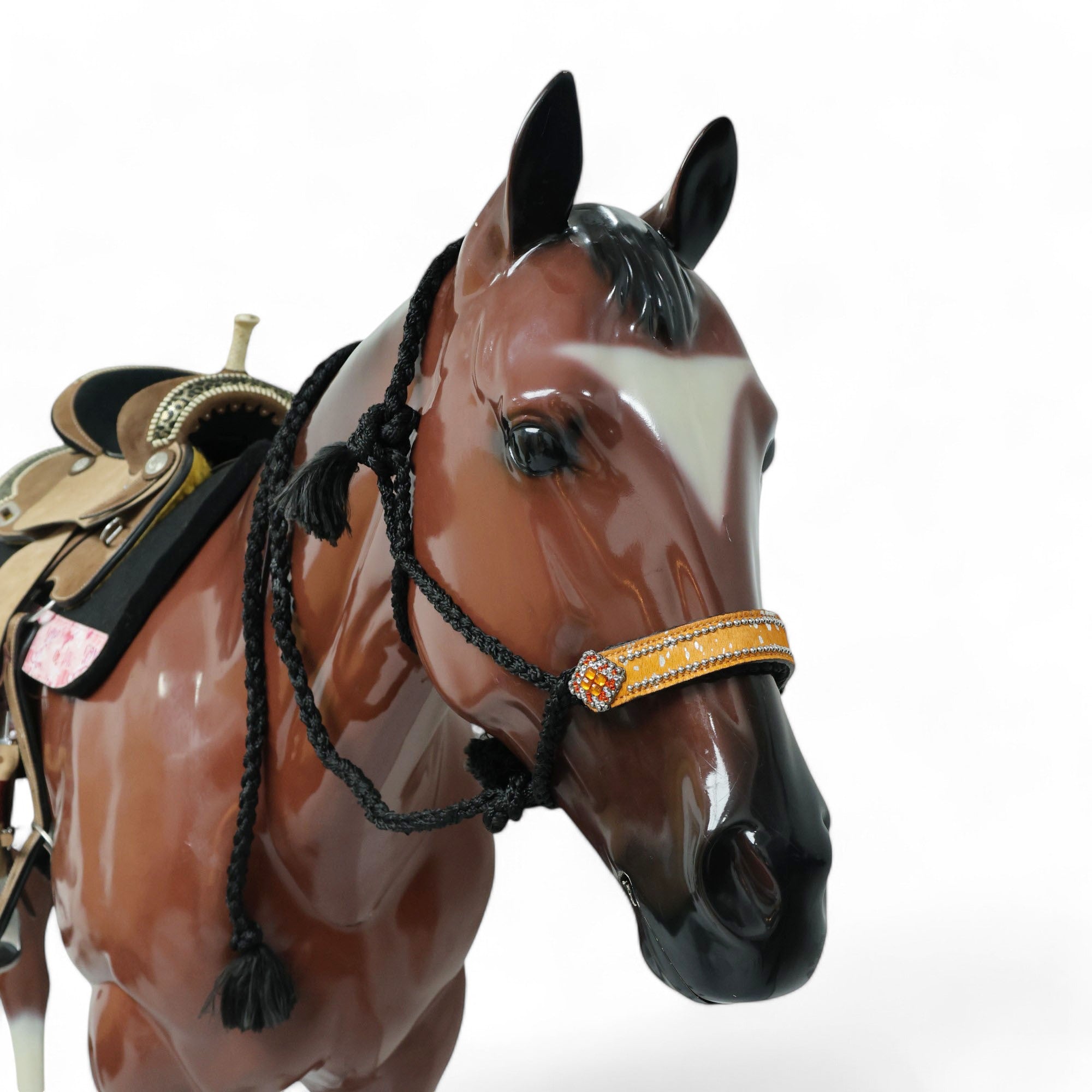 MOUSM Mule Halter for Horse - 1.5" Inches Wide Noseband Decorated with Orange Acid Wash Hair on Cowhide Leather and Crystal Rhinestone Concho, 7.5&