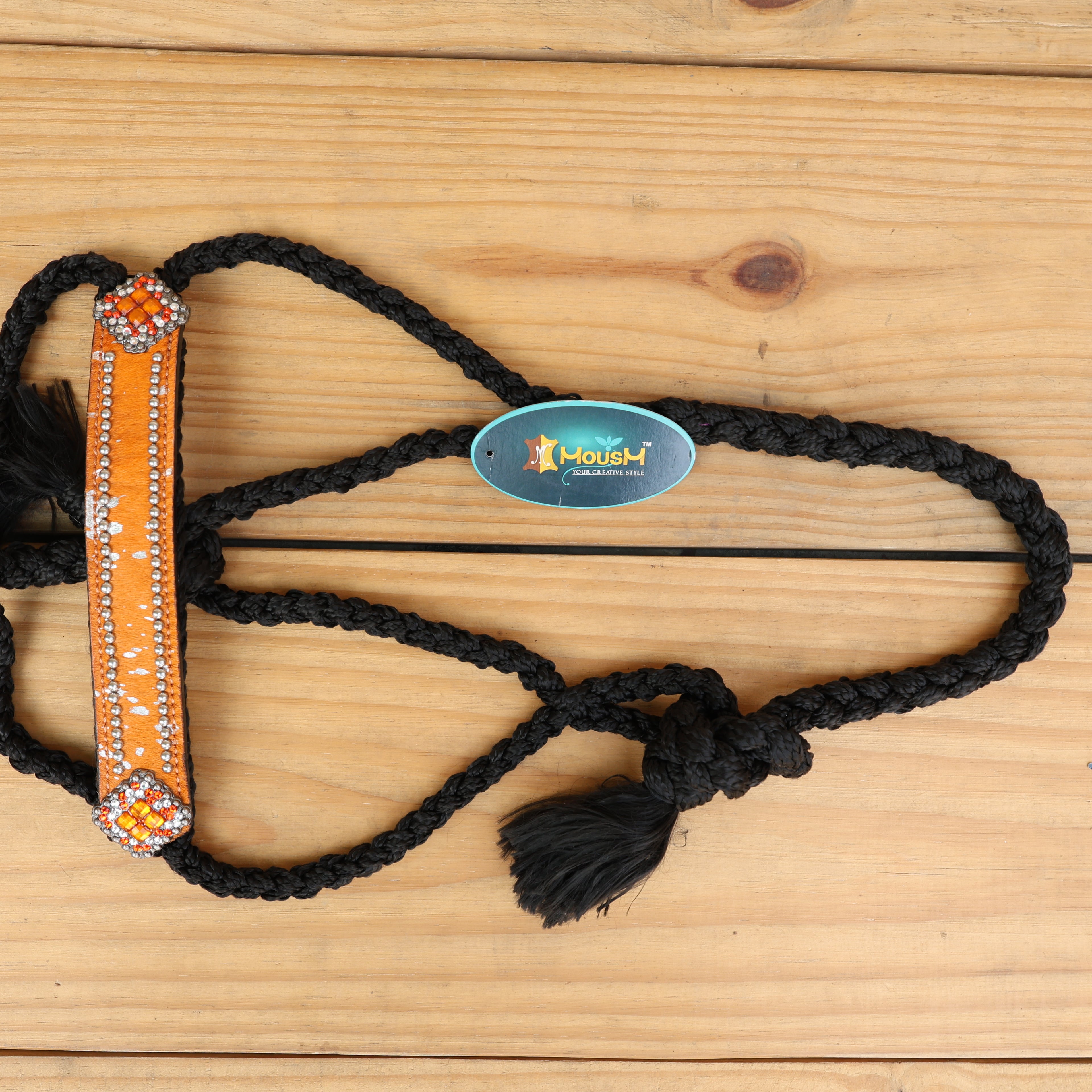 MOUSM Mule Halter for Horse - 1.5" Inches Wide Noseband Decorated with Orange Acid Wash Hair on Cowhide Leather and Crystal Rhinestone Concho, 7.5&