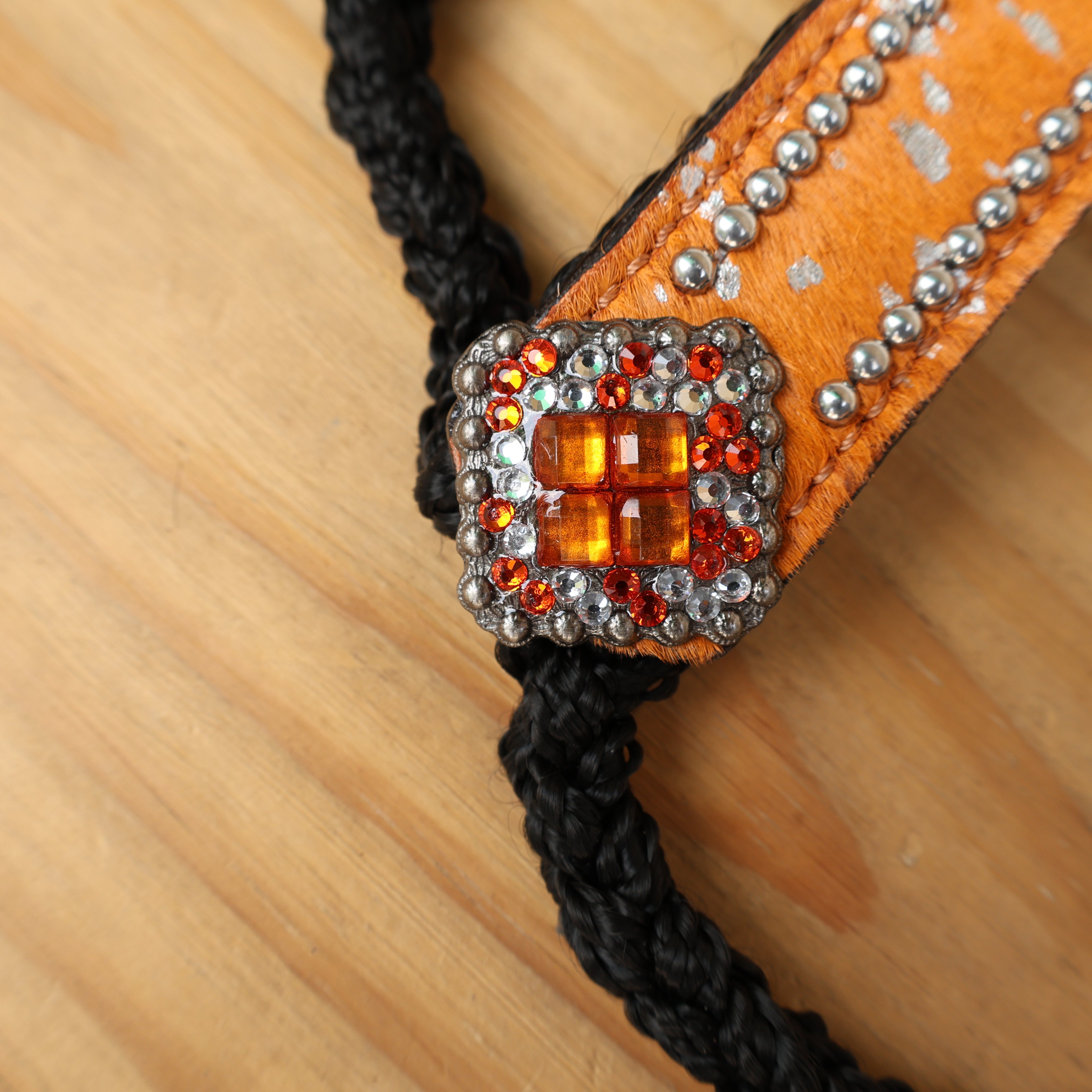 MOUSM Mule Halter for Horse - 1.5" Inches Wide Noseband Decorated with Orange Acid Wash Hair on Cowhide Leather and Crystal Rhinestone Concho, 7.5&