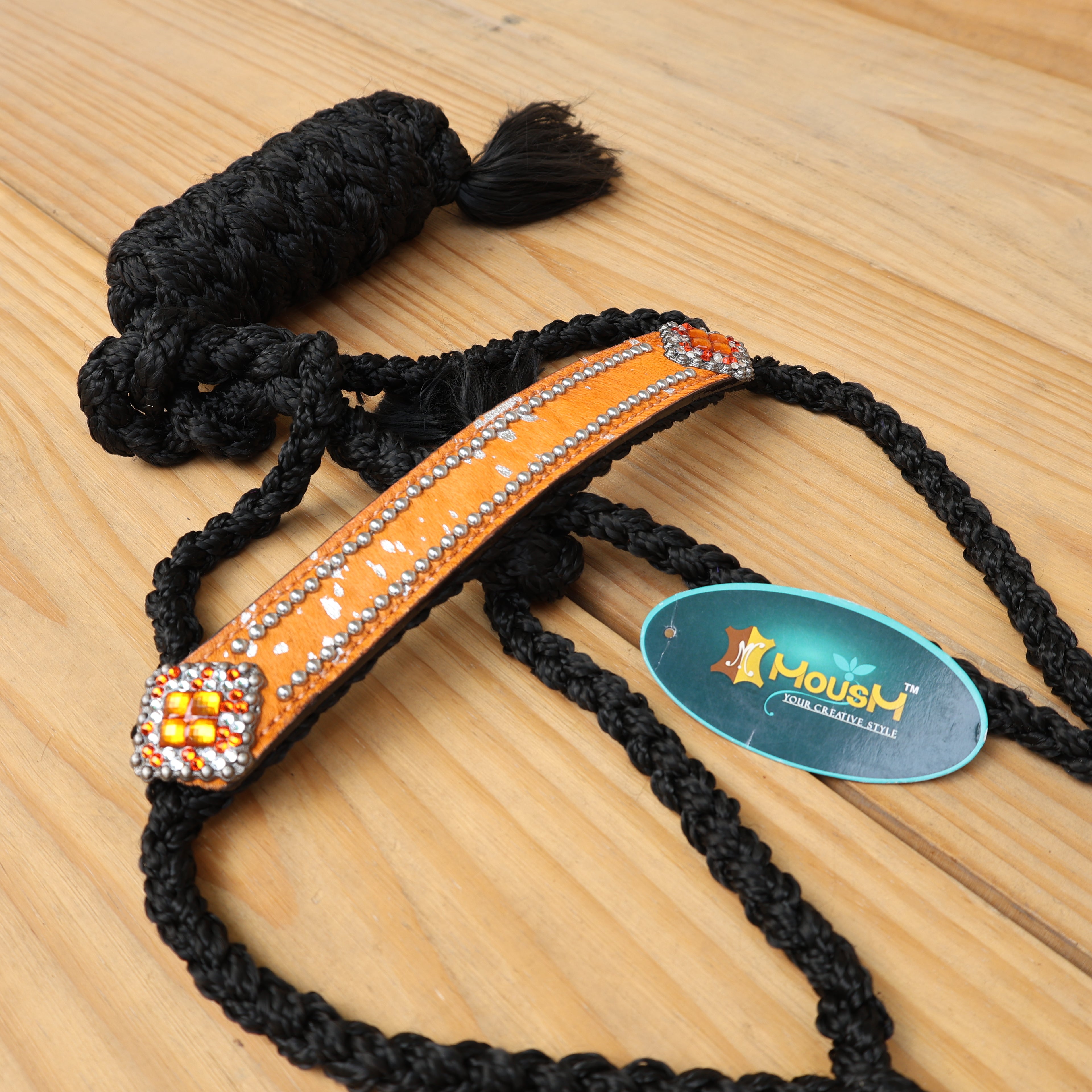 MOUSM Mule Halter for Horse - 1.5" Inches Wide Noseband Decorated with Orange Acid Wash Hair on Cowhide Leather and Crystal Rhinestone Concho, 7.5&