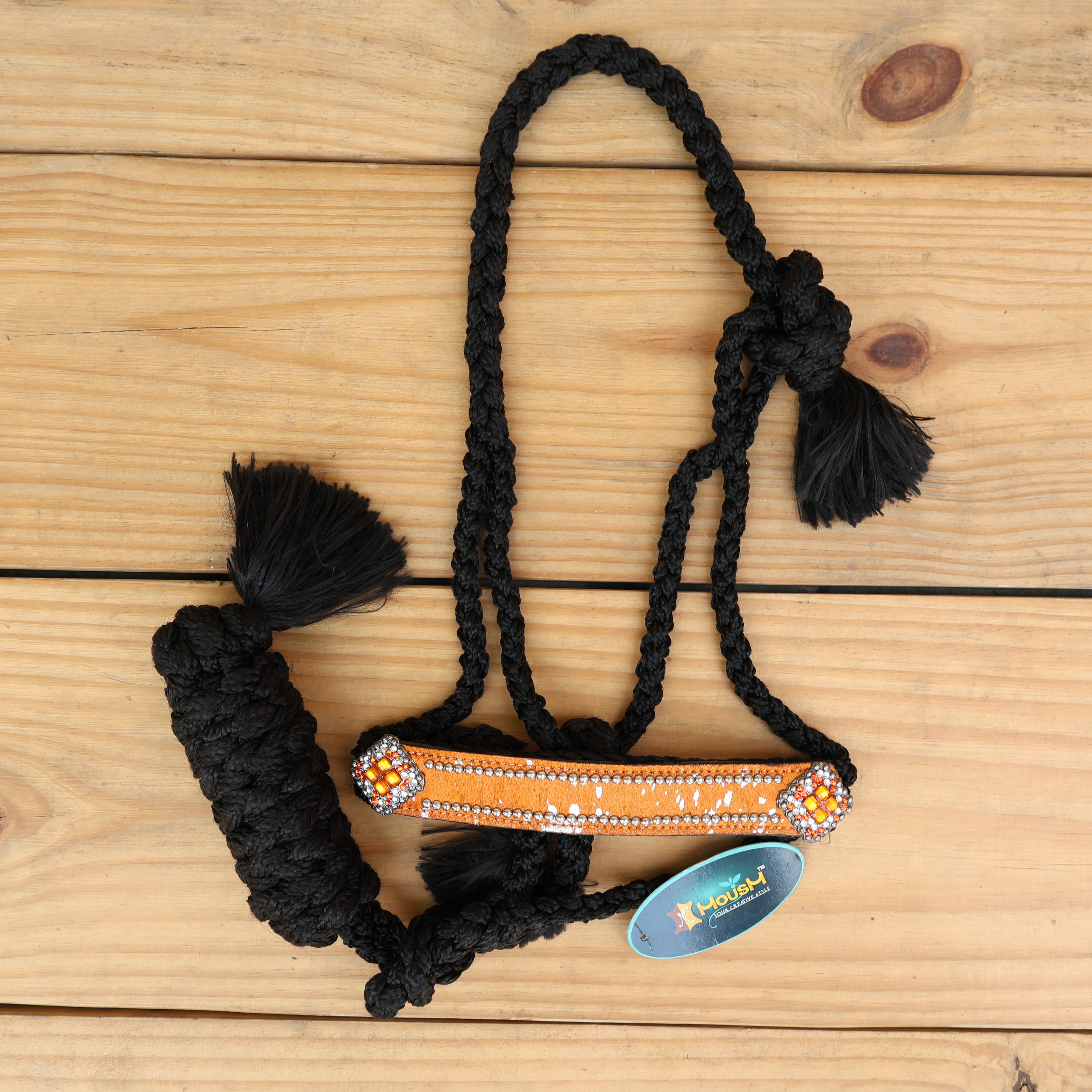 MOUSM Mule Halter for Horse - 1.5" Inches Wide Noseband Decorated with Orange Acid Wash Hair on Cowhide Leather and Crystal Rhinestone Concho, 7.5&