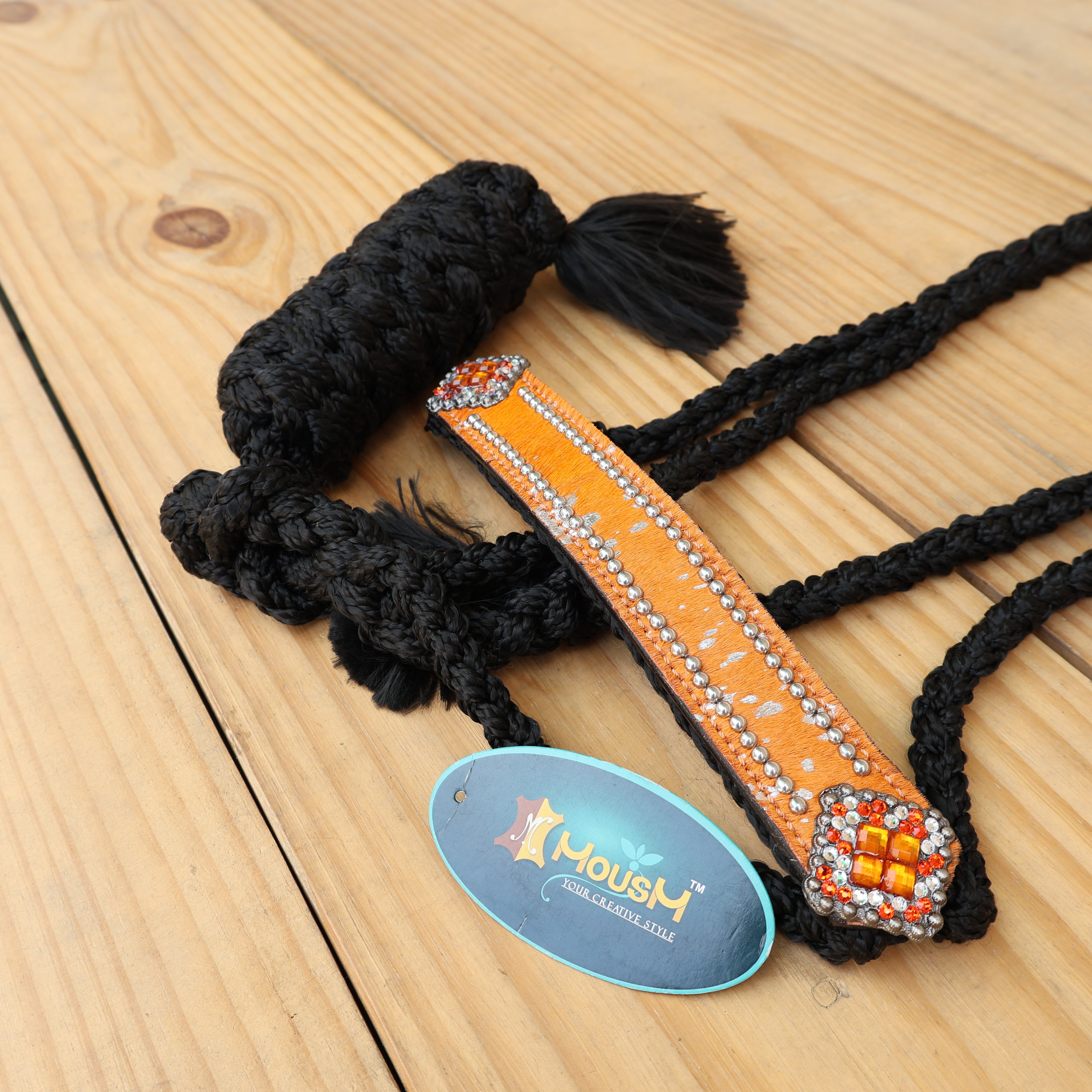MOUSM Mule Halter for Horse - 1.5" Inches Wide Noseband Decorated with Orange Acid Wash Hair on Cowhide Leather and Crystal Rhinestone Concho, 7.5&