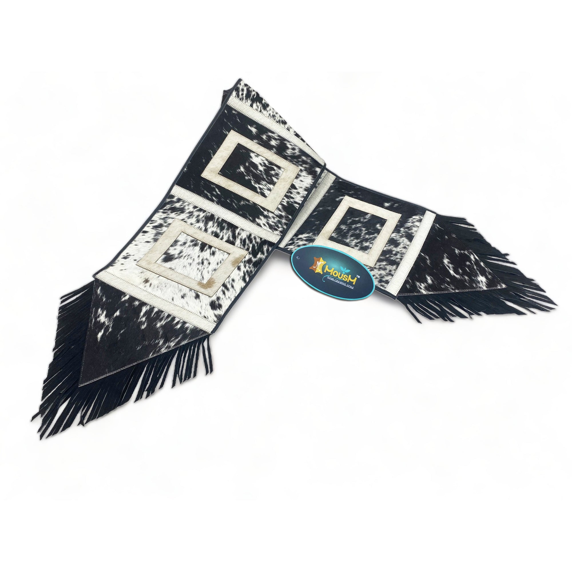 MOUSM Real Cowhide Leather Table Runner – 72x12 Inches, Rustic Farmhouse Table Centerpiece with Embroidered Square Cut & Leather Black Fringe for Table Décor