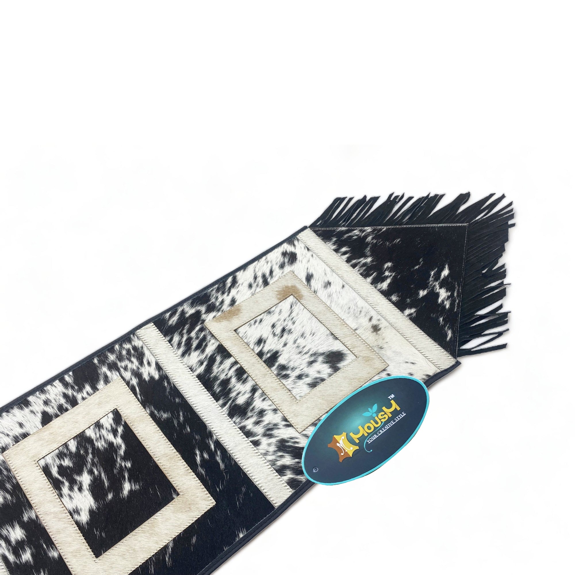 MOUSM Real Cowhide Leather Table Runner – 72x12 Inches, Rustic Farmhouse Table Centerpiece with Embroidered Square Cut & Leather Black Fringe for Table Décor