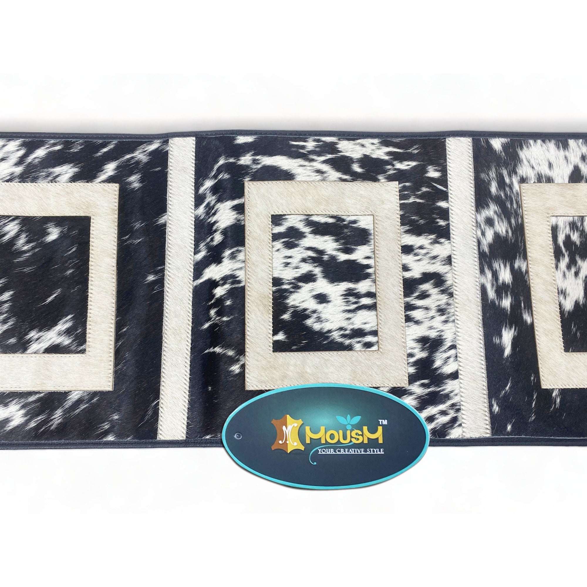 MOUSM Real Cowhide Leather Table Runner – 72x12 Inches, Rustic Farmhouse Table Centerpiece with Embroidered Square Cut & Leather Black Fringe for Table Décor