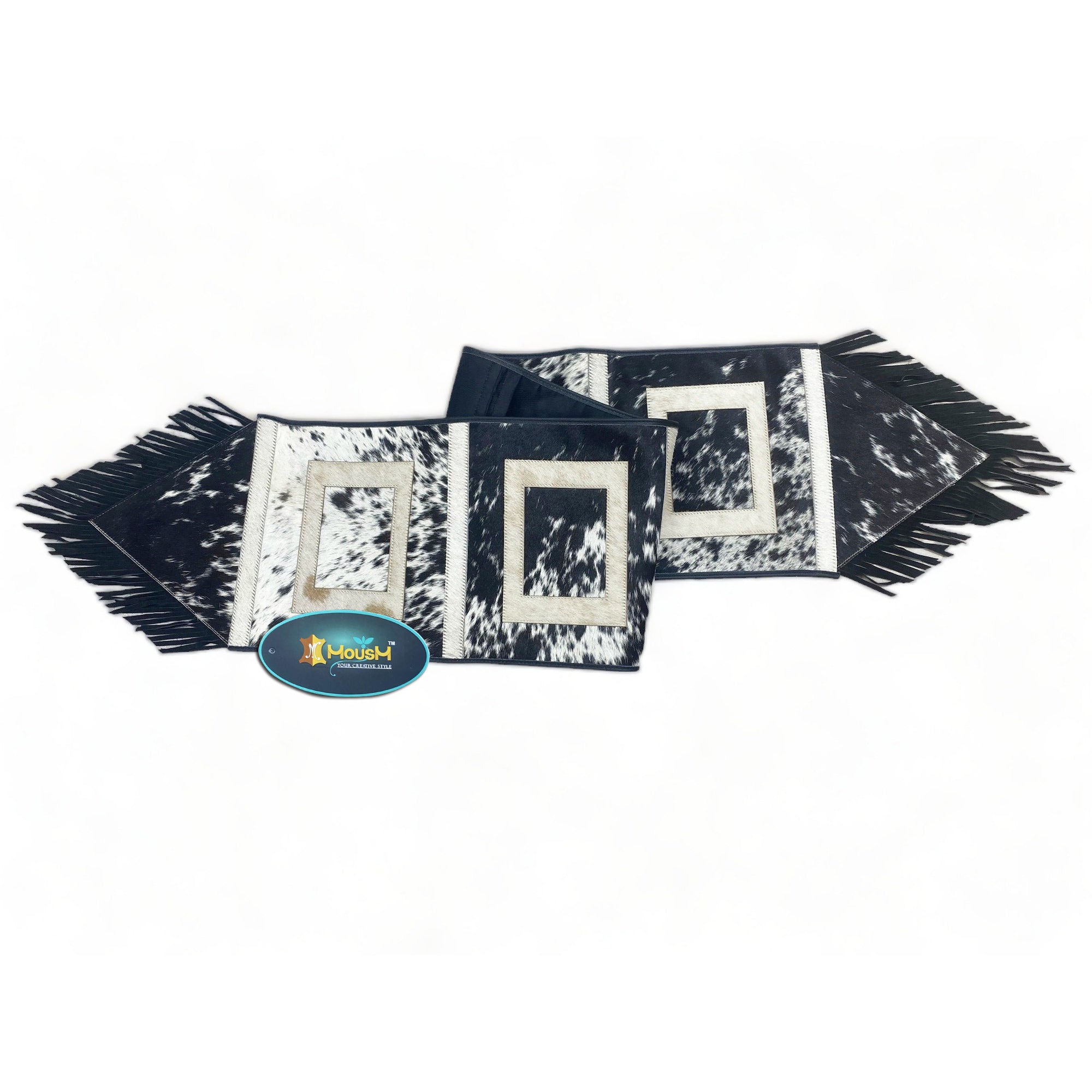 MOUSM Real Cowhide Leather Table Runner – 72x12 Inches, Rustic Farmhouse Table Centerpiece with Embroidered Square Cut & Leather Black Fringe for Table Décor