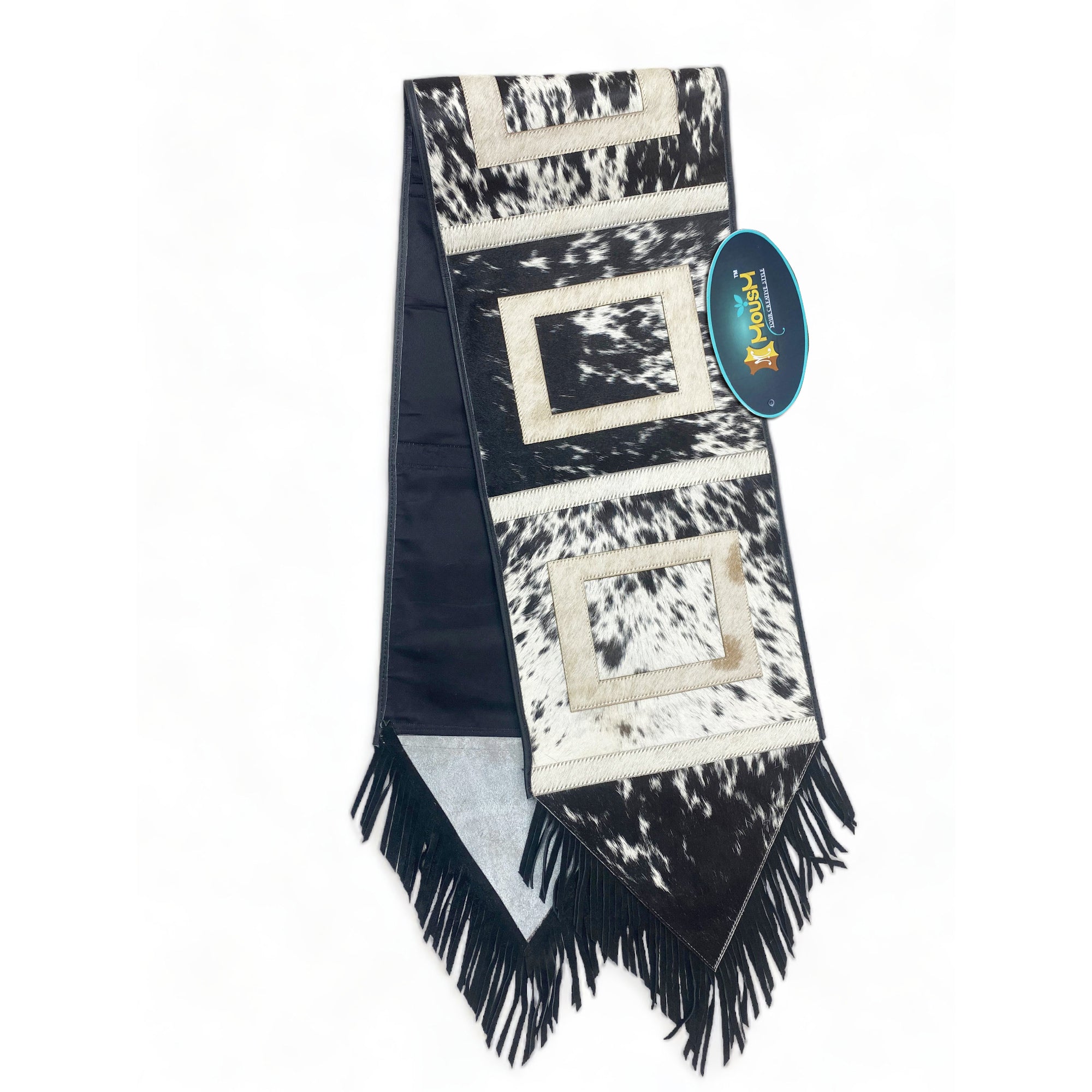MOUSM Real Cowhide Leather Table Runner – 72x12 Inches, Rustic Farmhouse Table Centerpiece with Embroidered Square Cut & Leather Black Fringe for Table Décor
