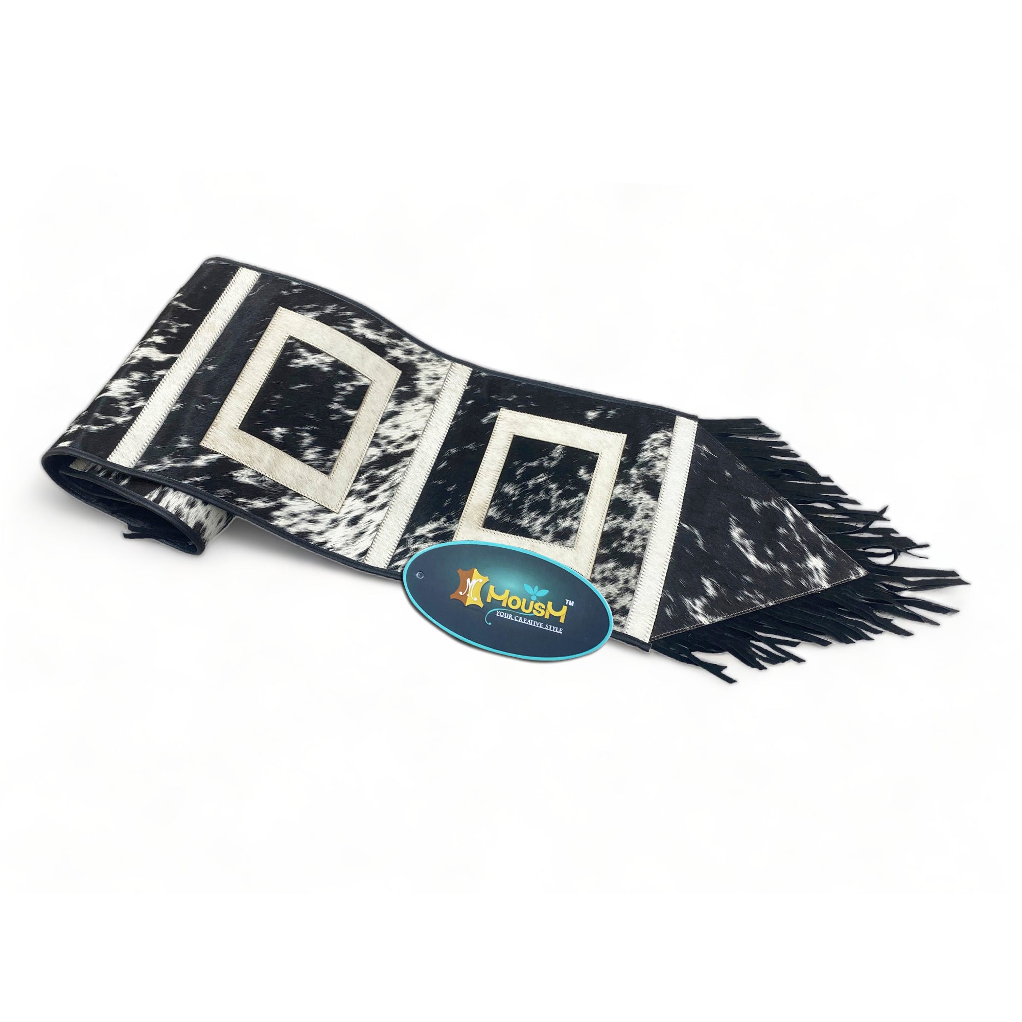 MOUSM Real Cowhide Leather Table Runner – 72x12 Inches, Rustic Farmhouse Table Centerpiece with Embroidered Square Cut & Leather Black Fringe for Table Décor