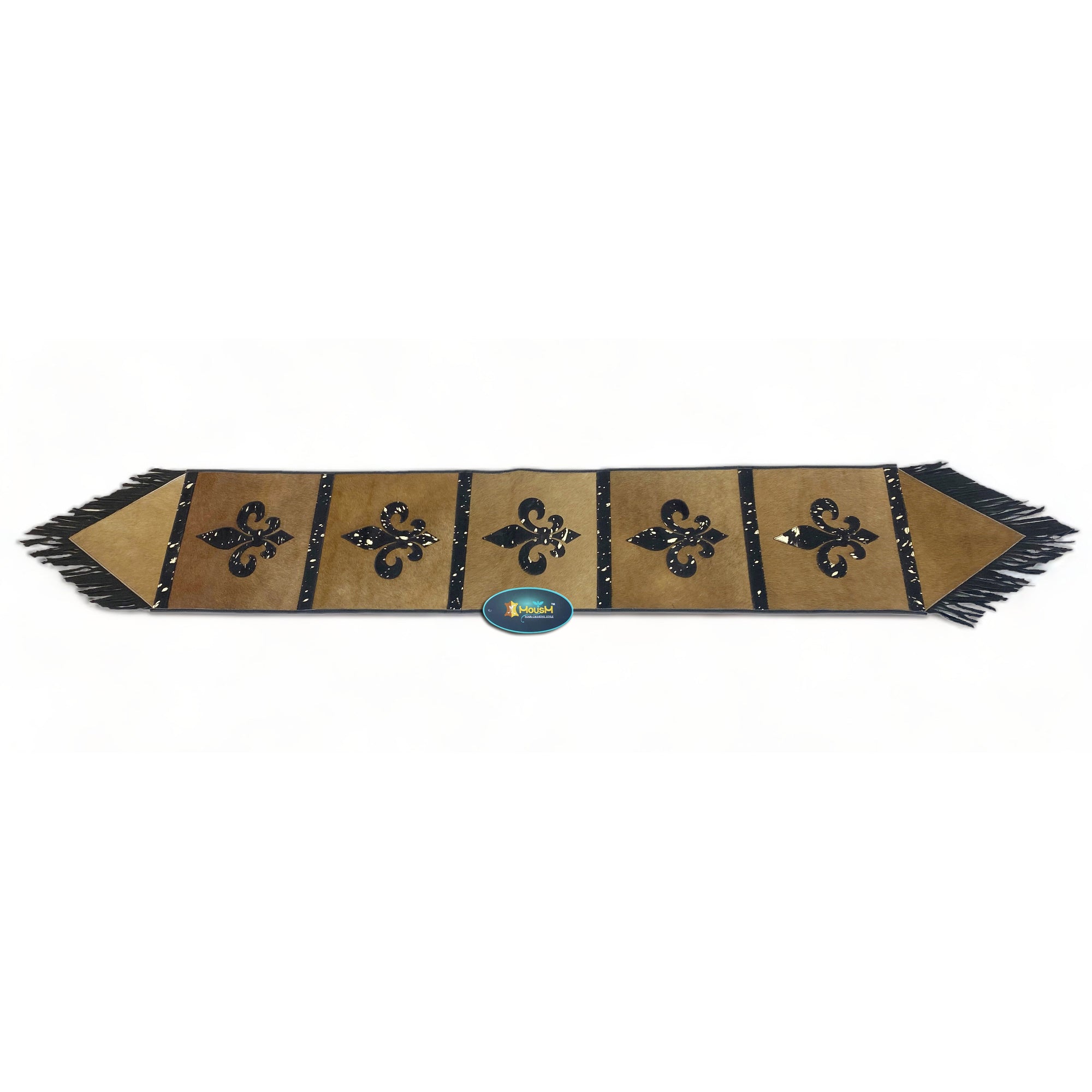 MOUSM Real Cow Hide Leather Embroidered Table Runner - 72x12 Inches, Rustic Farmhouse Table Centerpiece with Fleur-de-lis Design & Leather Black Fringe for Table Décor
