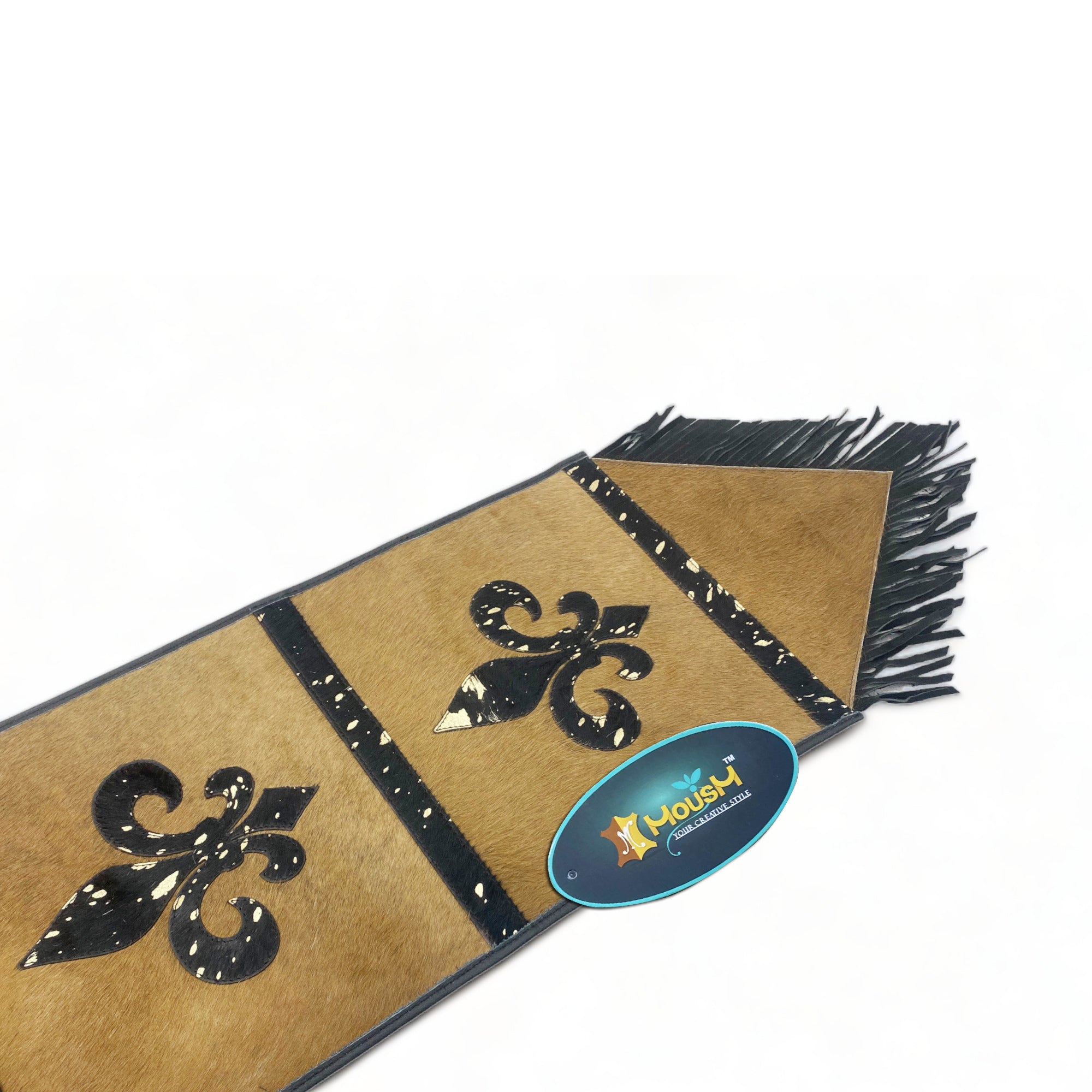 MOUSM Real Cow Hide Leather Embroidered Table Runner - 72x12 Inches, Rustic Farmhouse Table Centerpiece with Fleur-de-lis Design & Leather Black Fringe for Table Décor