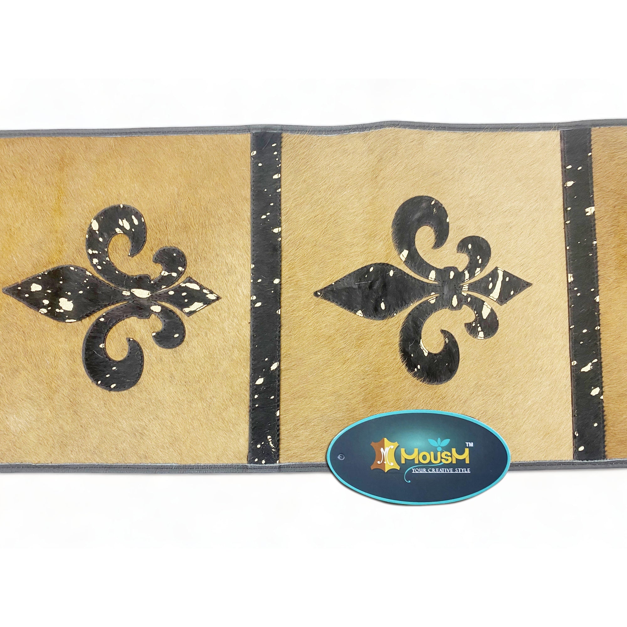 MOUSM Real Cow Hide Leather Embroidered Table Runner - 72x12 Inches, Rustic Farmhouse Table Centerpiece with Fleur-de-lis Design & Leather Black Fringe for Table Décor