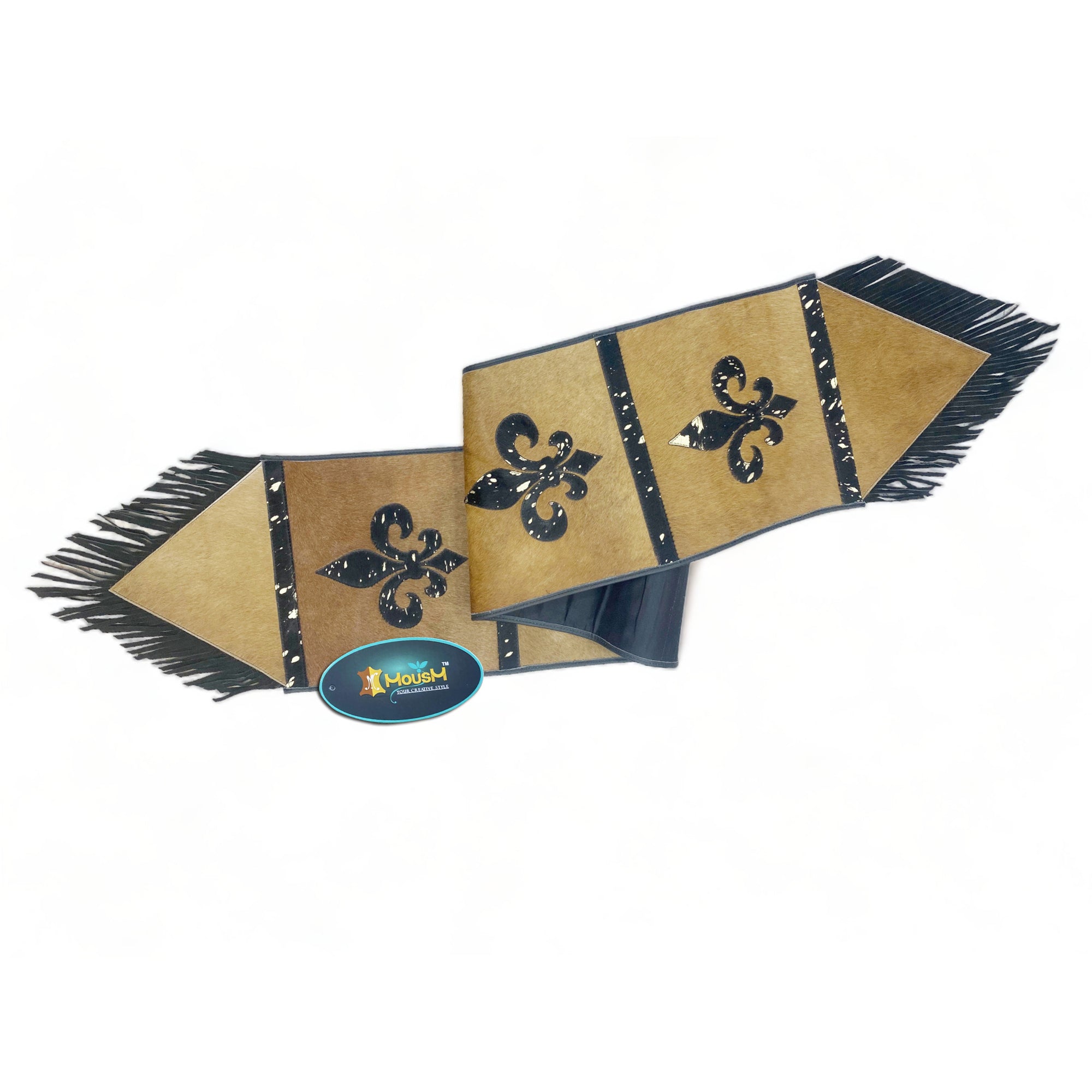 MOUSM Real Cow Hide Leather Embroidered Table Runner - 72x12 Inches, Rustic Farmhouse Table Centerpiece with Fleur-de-lis Design & Leather Black Fringe for Table Décor