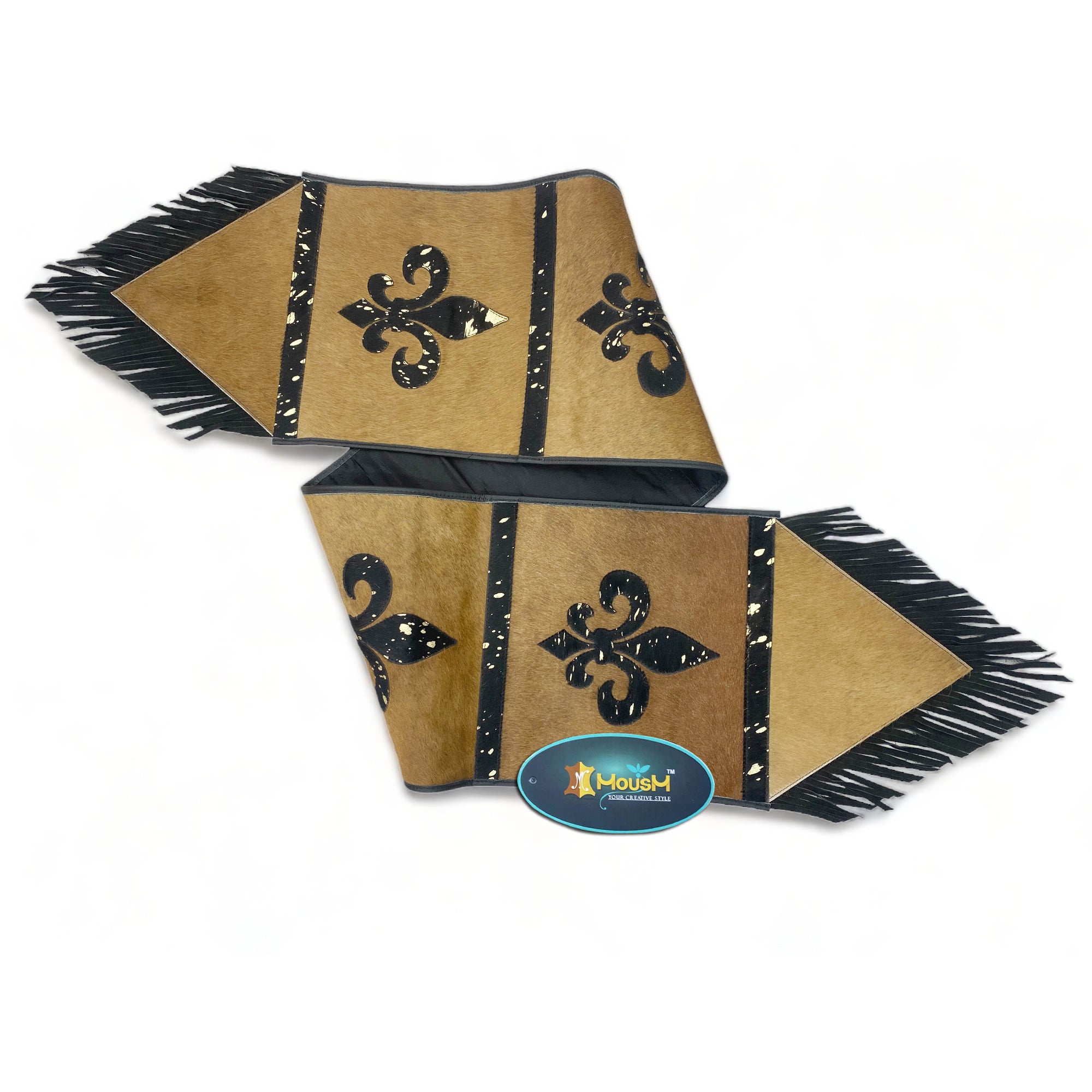 MOUSM Real Cow Hide Leather Embroidered Table Runner - 72x12 Inches, Rustic Farmhouse Table Centerpiece with Fleur-de-lis Design & Leather Black Fringe for Table Décor