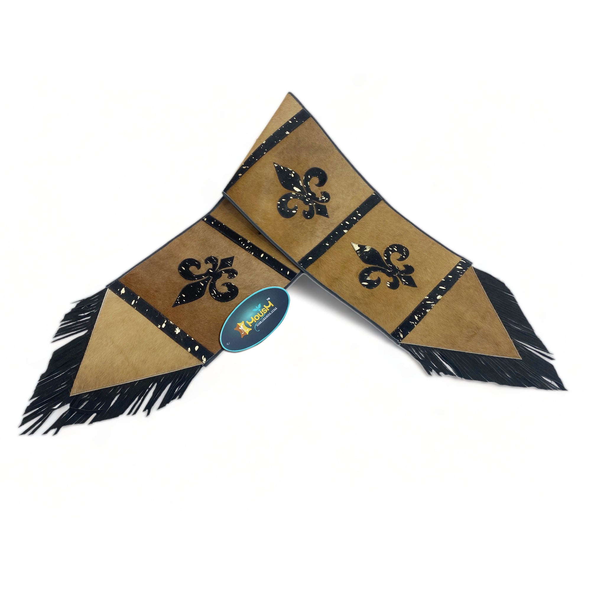 MOUSM Real Cow Hide Leather Embroidered Table Runner - 72x12 Inches, Rustic Farmhouse Table Centerpiece with Fleur-de-lis Design & Leather Black Fringe for Table Décor
