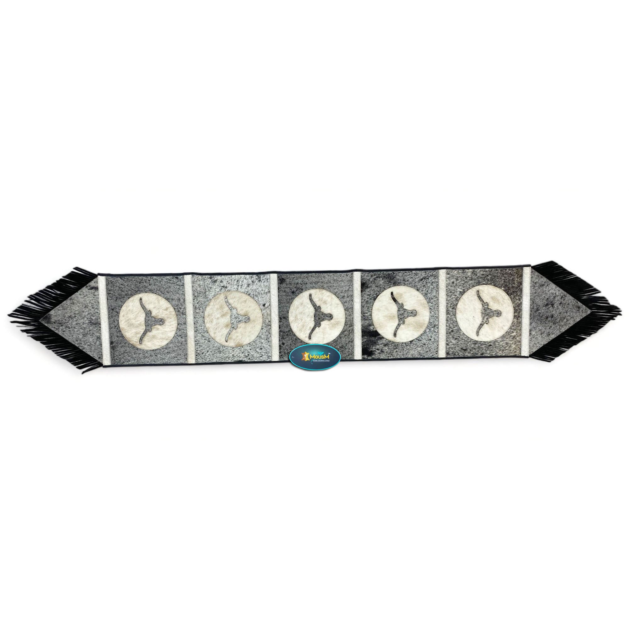 MOUSM Real Cowhide Leather Table Runner – 72x12 Inches, Rustic Farmhouse Table Centerpiece with Embroidered Bull Head Cutout Patches with Leather Black Fringe for Table Décor