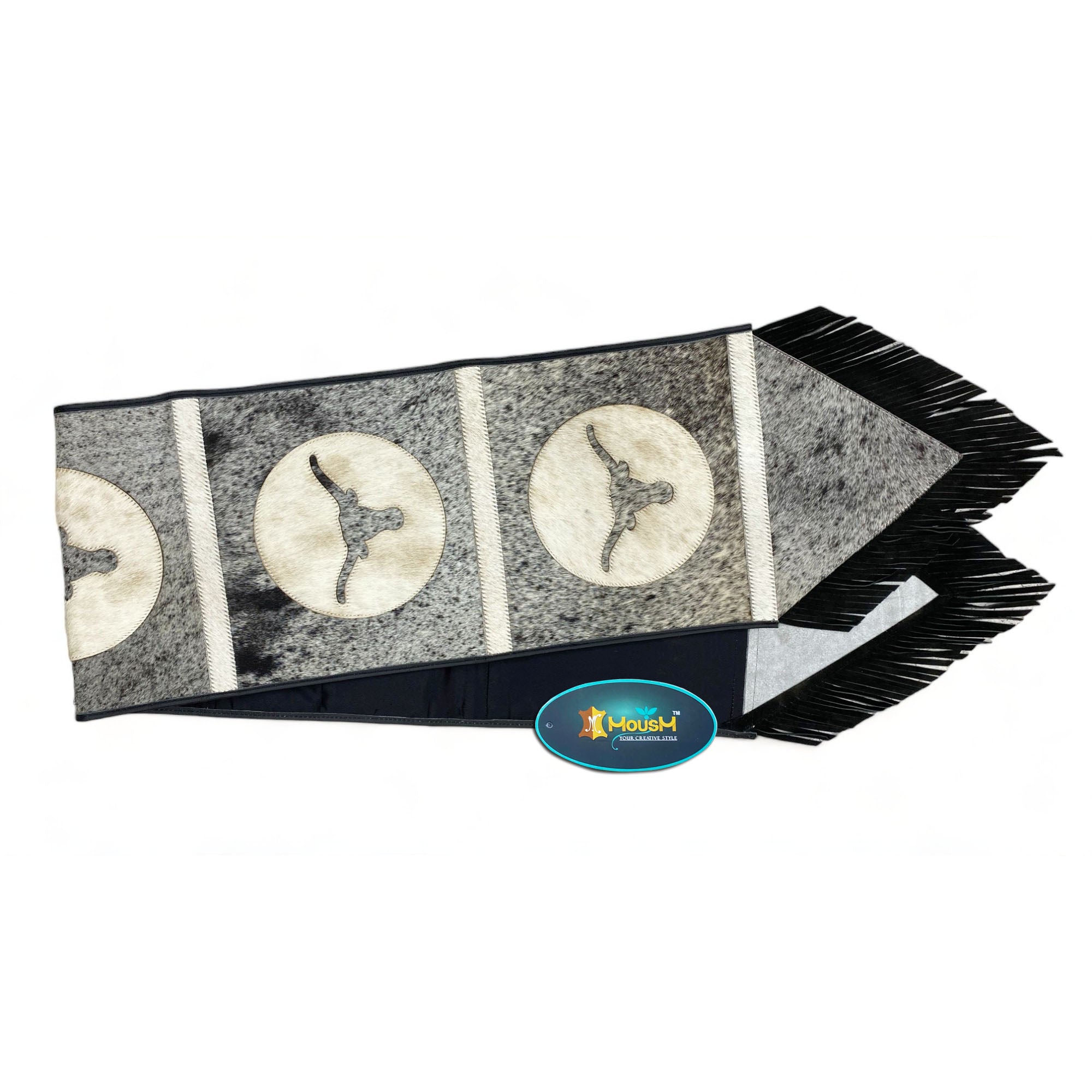 MOUSM Real Cowhide Leather Table Runner – 72x12 Inches, Rustic Farmhouse Table Centerpiece with Embroidered Bull Head Cutout Patches with Leather Black Fringe for Table Décor