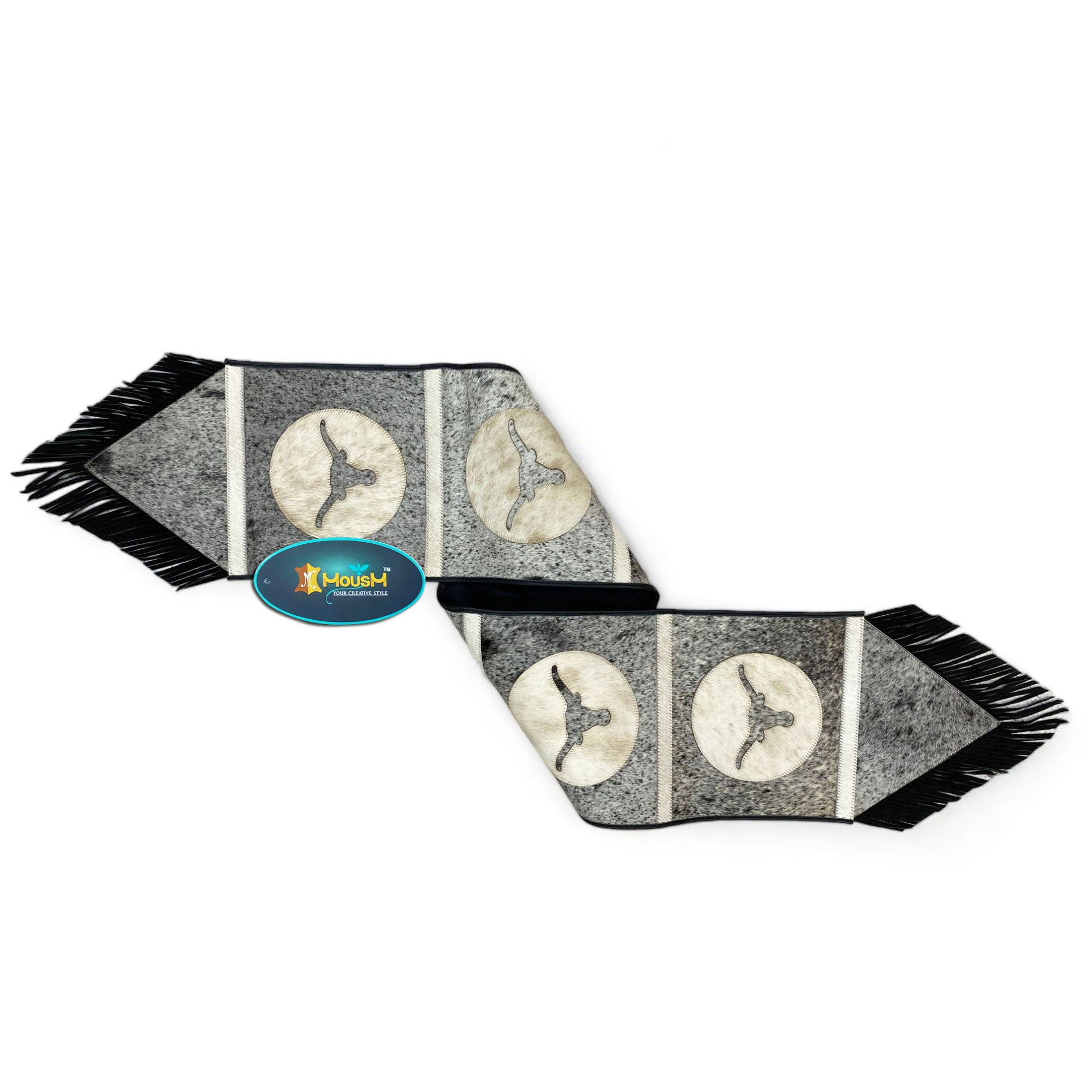 MOUSM Real Cowhide Leather Table Runner – 72x12 Inches, Rustic Farmhouse Table Centerpiece with Embroidered Bull Head Cutout Patches with Leather Black Fringe for Table Décor