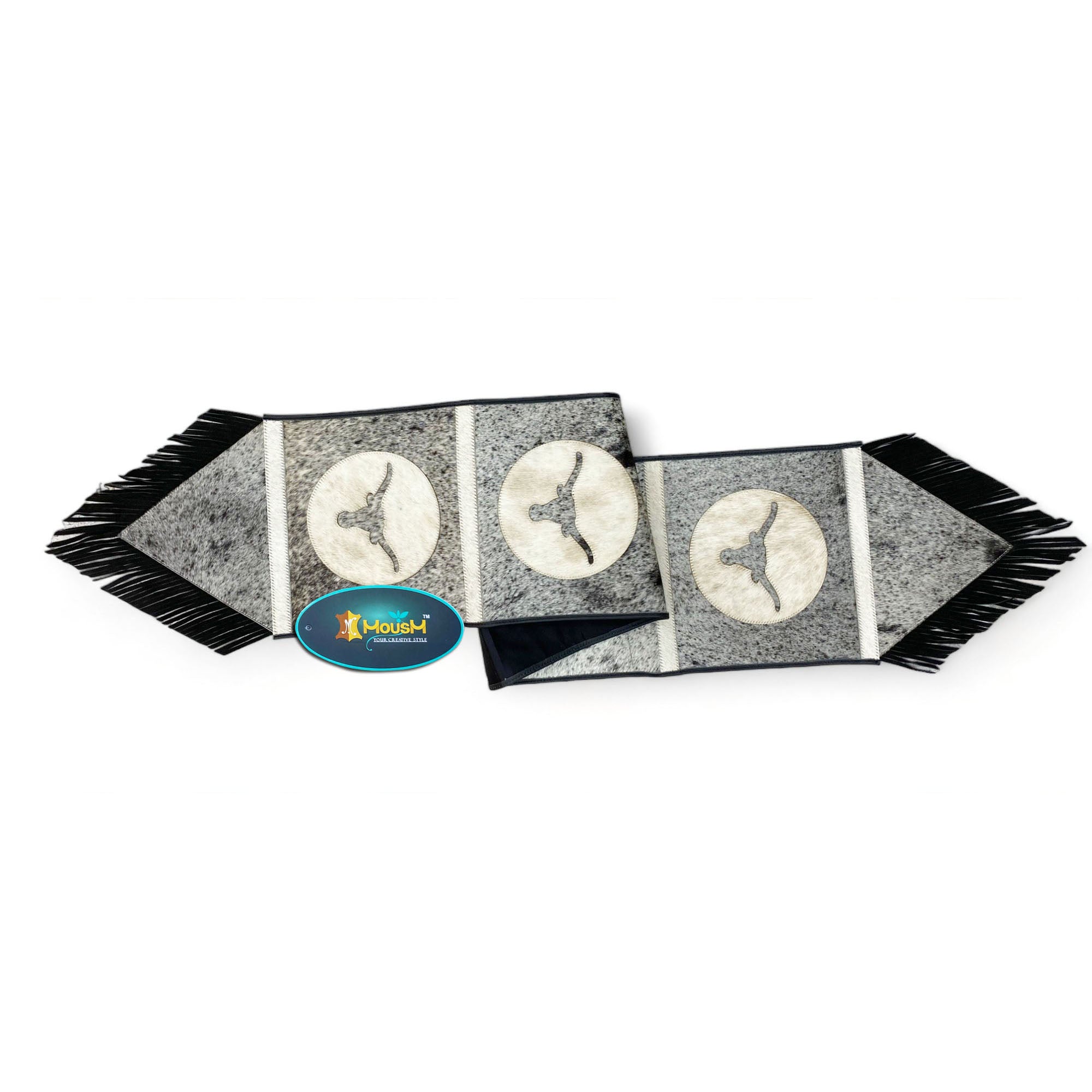 MOUSM Real Cowhide Leather Table Runner – 72x12 Inches, Rustic Farmhouse Table Centerpiece with Embroidered Bull Head Cutout Patches with Leather Black Fringe for Table Décor