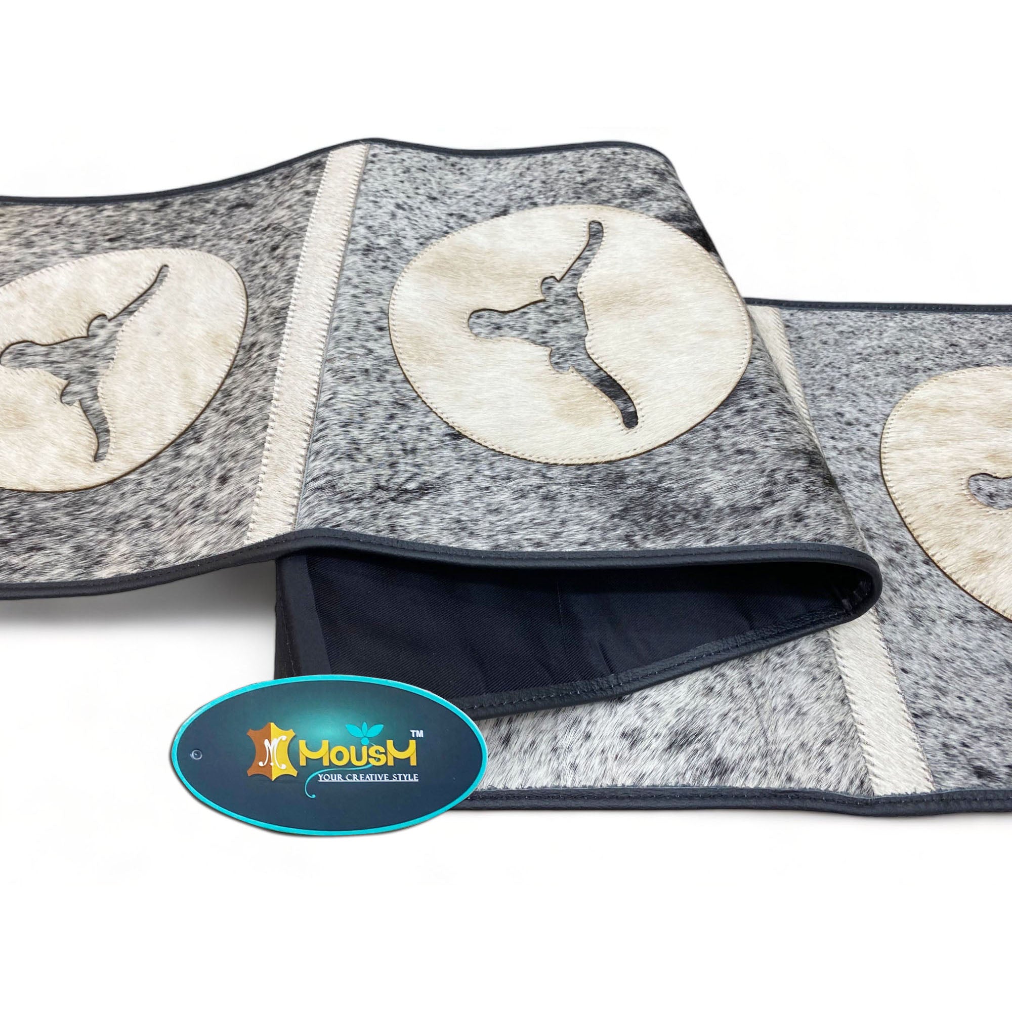 MOUSM Real Cowhide Leather Table Runner – 72x12 Inches, Rustic Farmhouse Table Centerpiece with Embroidered Bull Head Cutout Patches with Leather Black Fringe for Table Décor