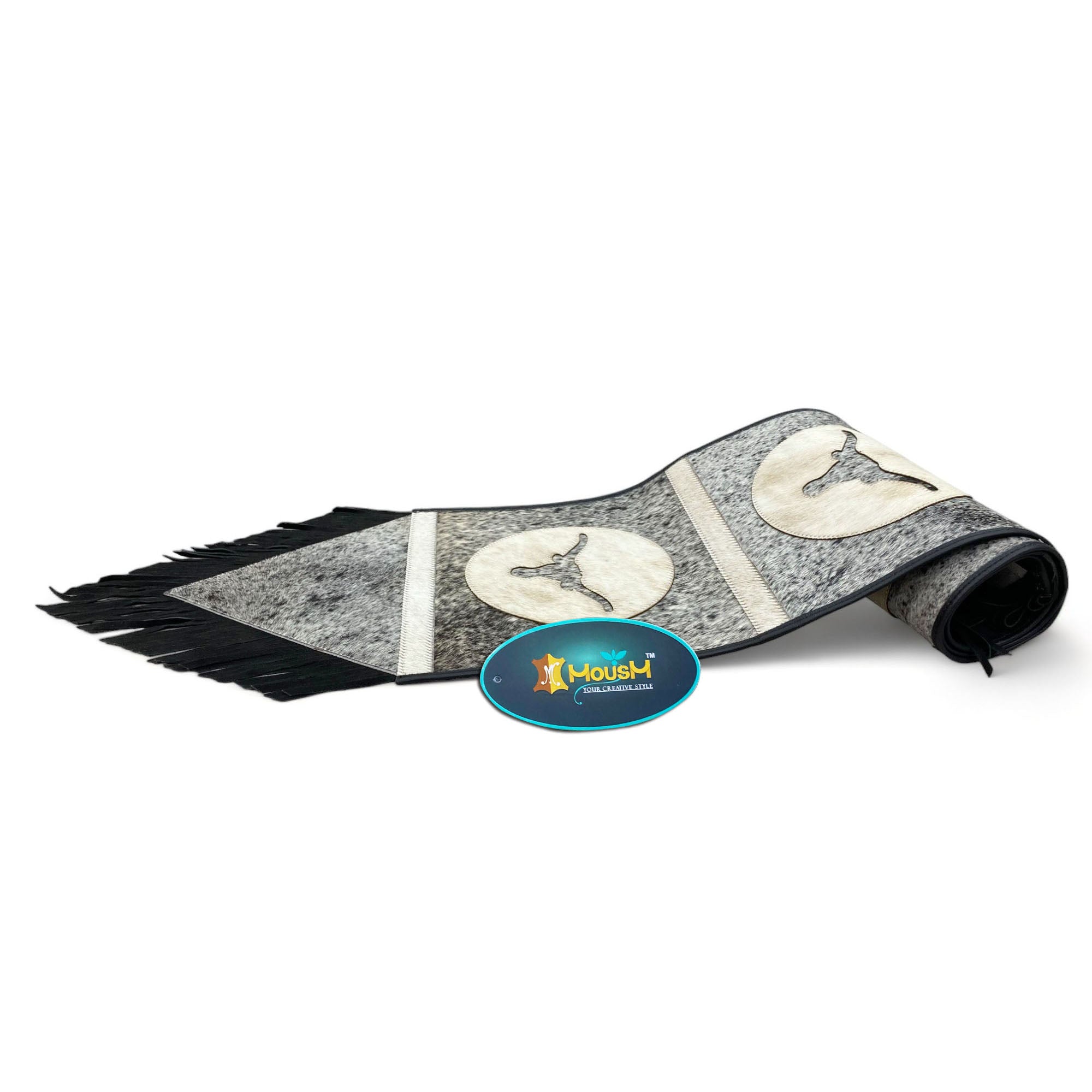 MOUSM Real Cowhide Leather Table Runner – 72x12 Inches, Rustic Farmhouse Table Centerpiece with Embroidered Bull Head Cutout Patches with Leather Black Fringe for Table Décor