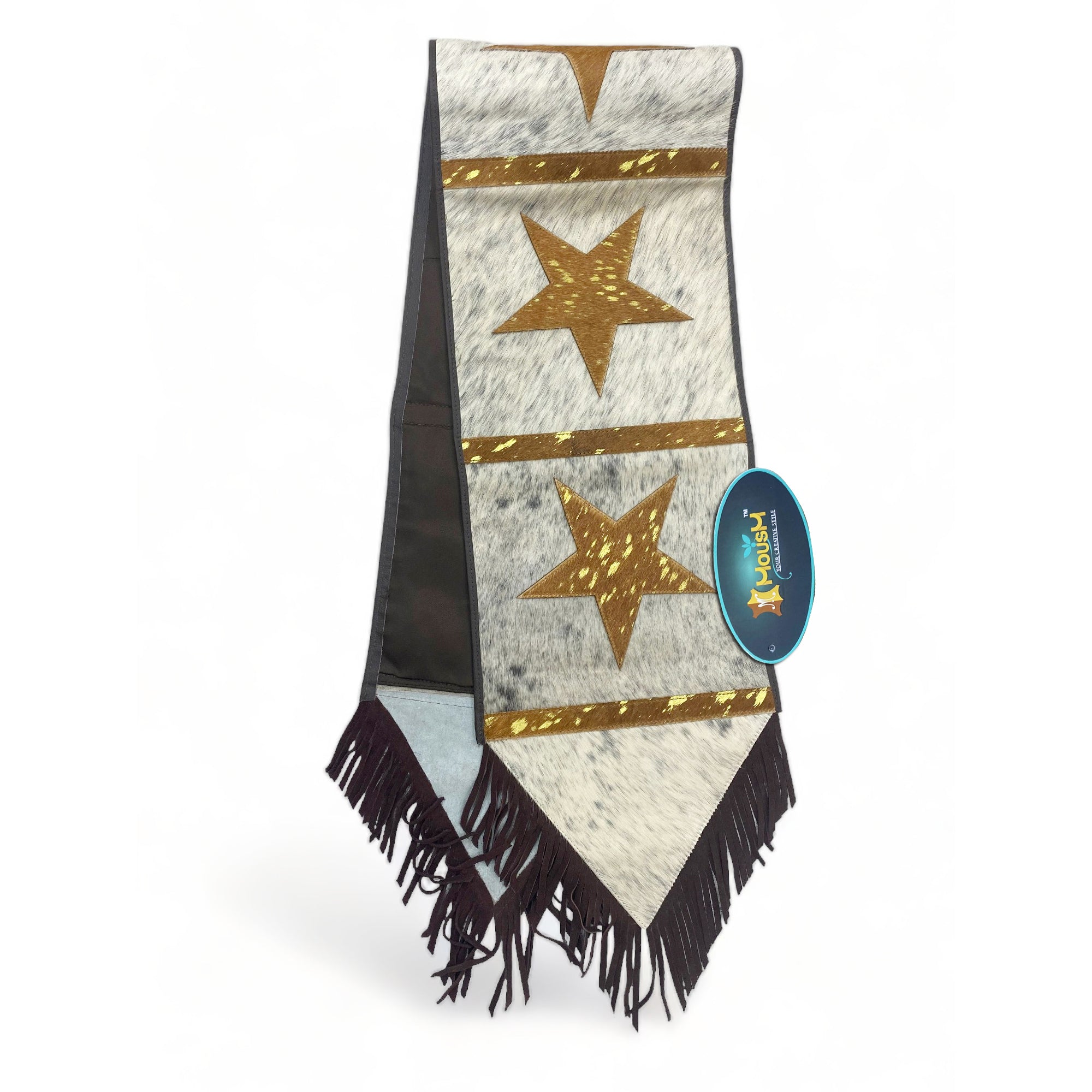 MOUSM Real Cow Hide Leather Table Runner - 72x12 inches, Embroidered Stars Cutout with Leather Black Fringe for Farmhouse Rustic Wedding Dinner Party