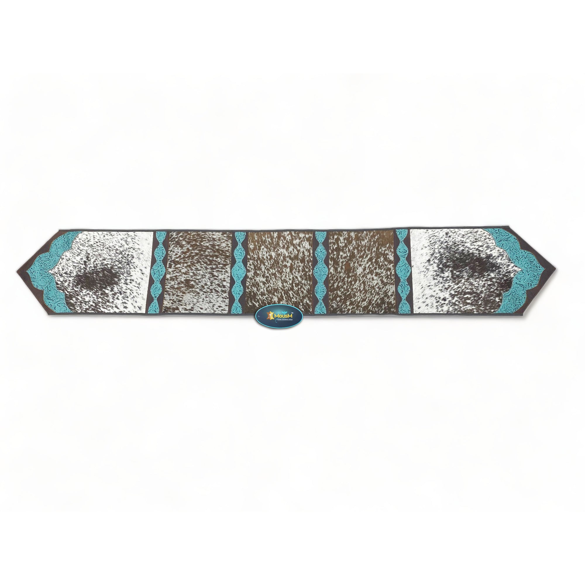 MOUSM Real Cowhide Leather Table Runner - 72x12 Inches, Rustic Farmhouse Table Centerpiece in Tri-Colour Design Turquoise/Brown/White