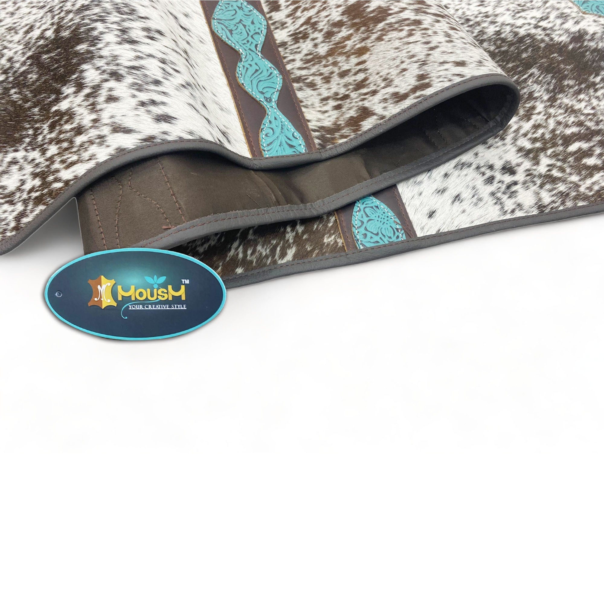 MOUSM Real Cowhide Leather Table Runner - 72x12 Inches, Rustic Farmhouse Table Centerpiece in Tri-Colour Design Turquoise/Brown/White