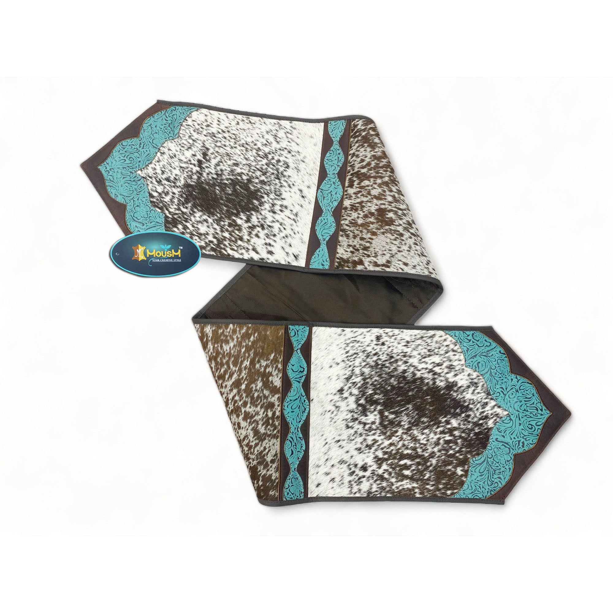 MOUSM Real Cowhide Leather Table Runner - 72x12 Inches, Rustic Farmhouse Table Centerpiece in Tri-Colour Design Turquoise/Brown/White