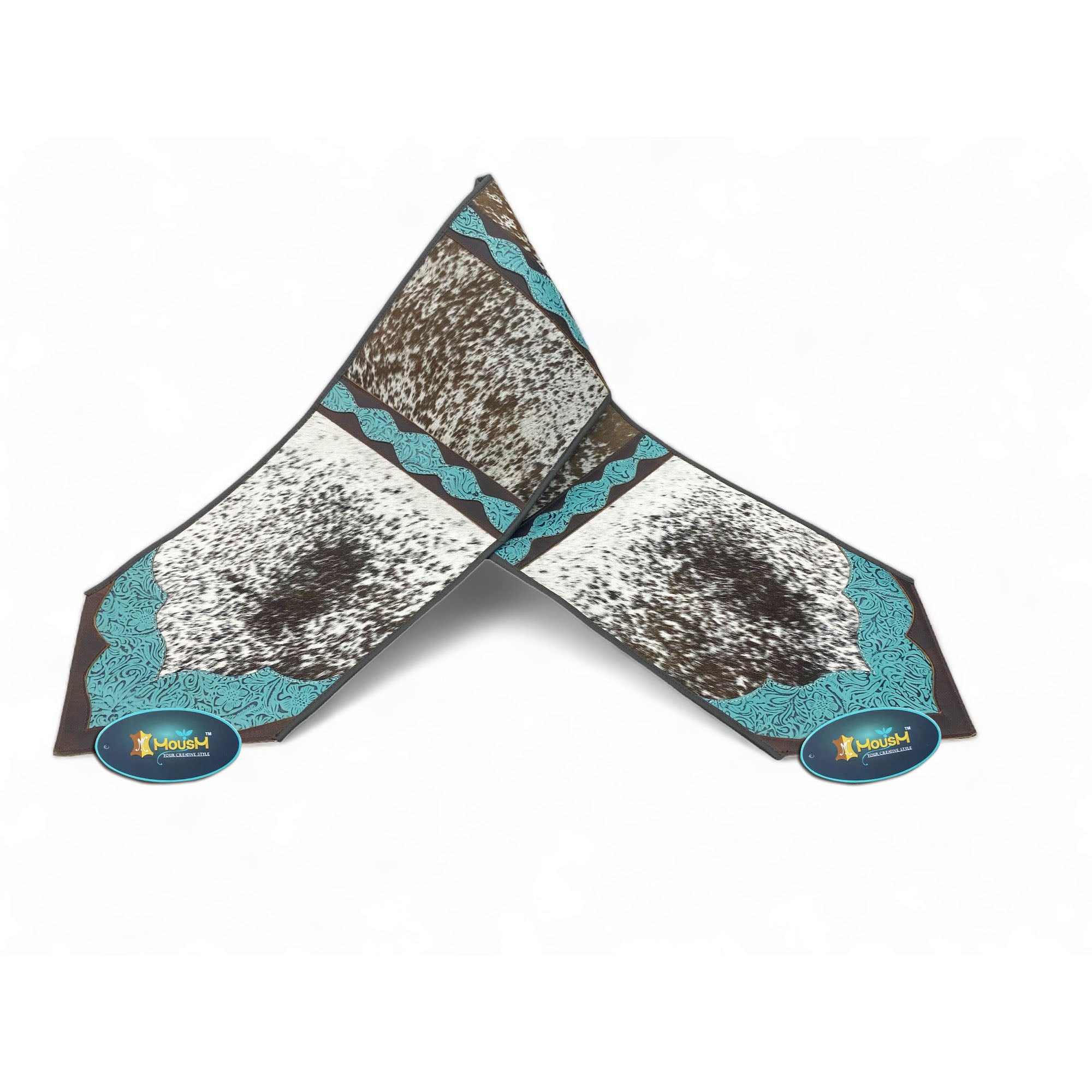 MOUSM Real Cowhide Leather Table Runner - 72x12 Inches, Rustic Farmhouse Table Centerpiece in Tri-Colour Design Turquoise/Brown/White