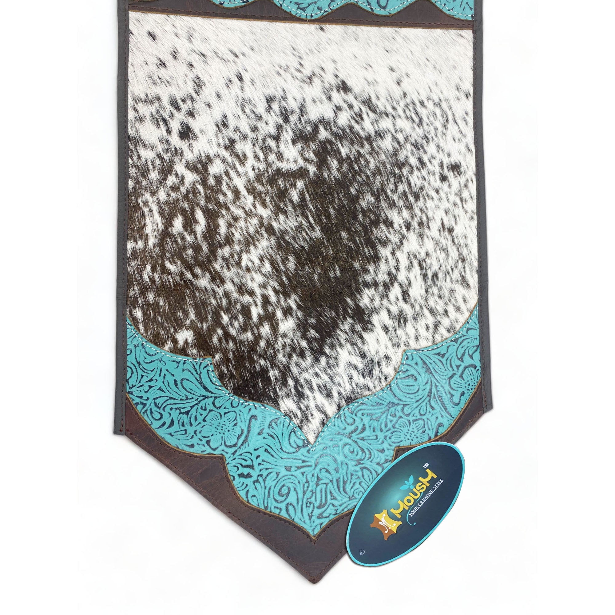 MOUSM Real Cowhide Leather Table Runner - 72x12 Inches, Rustic Farmhouse Table Centerpiece in Tri-Colour Design Turquoise/Brown/White