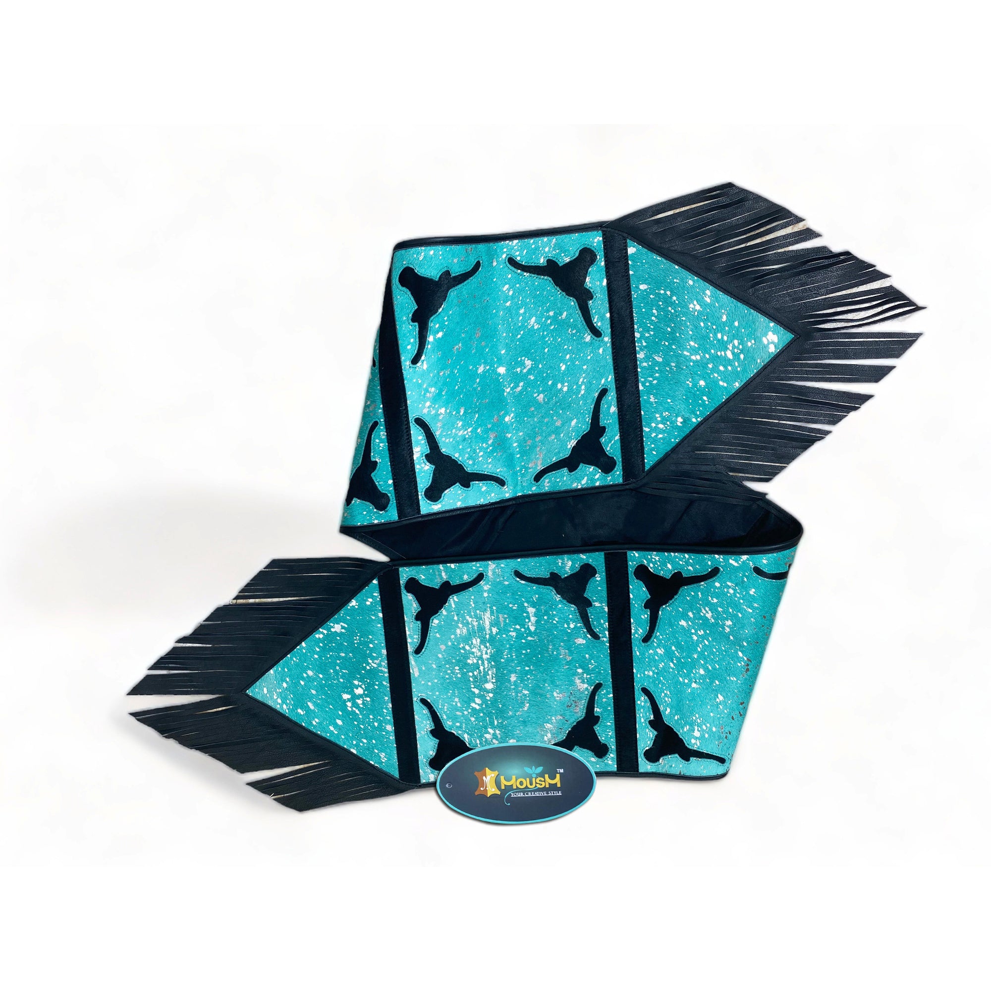 MOUSM Real Cow Hide Leather Table Runner - 72x12 Inches, Royal Blue Acid Wash Design with Laser Cut Bull Head Cow Hide Patched and Black Leather Fringes