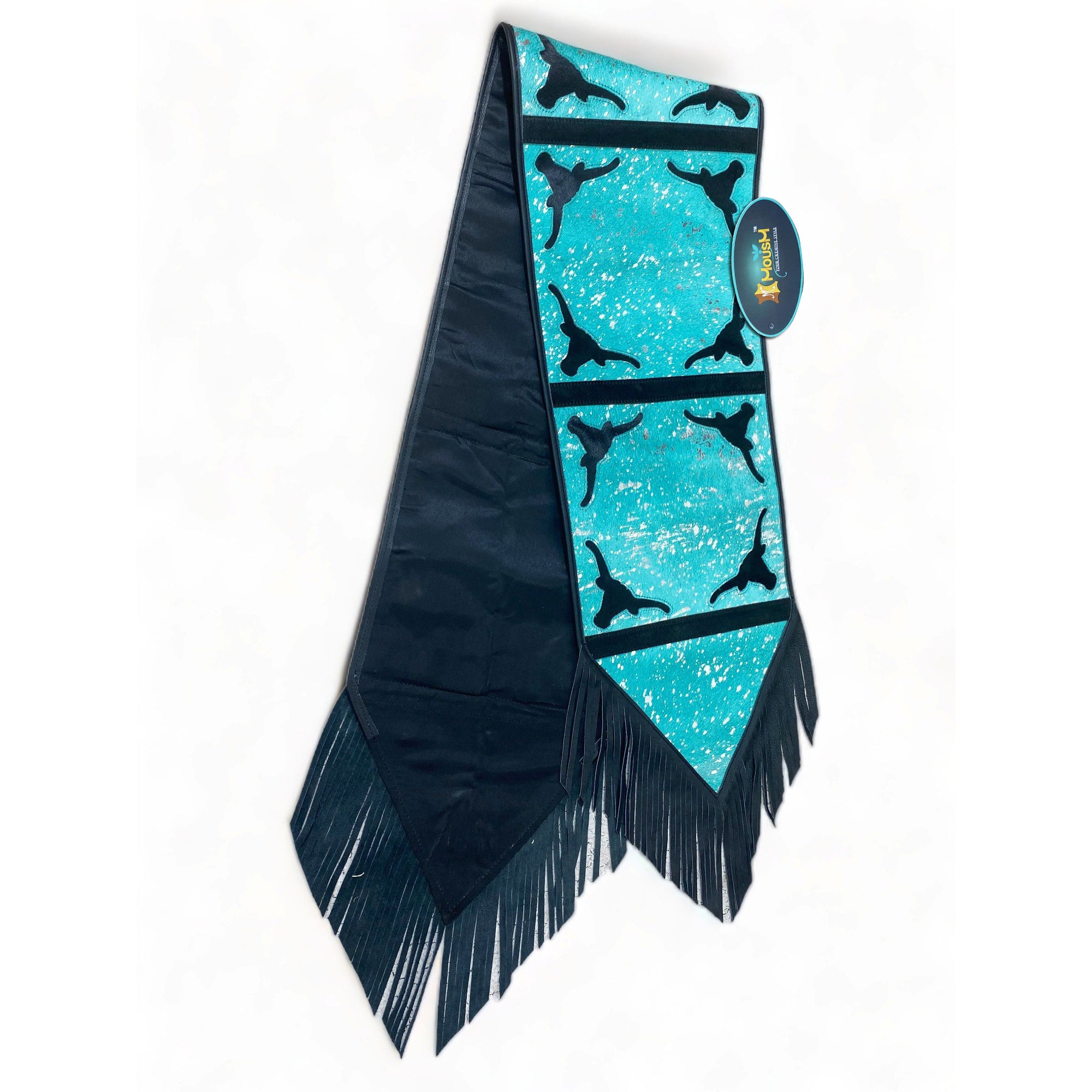 MOUSM Real Cow Hide Leather Table Runner - 72x12 Inches, Royal Blue Acid Wash Design with Laser Cut Bull Head Cow Hide Patched and Black Leather Fringes