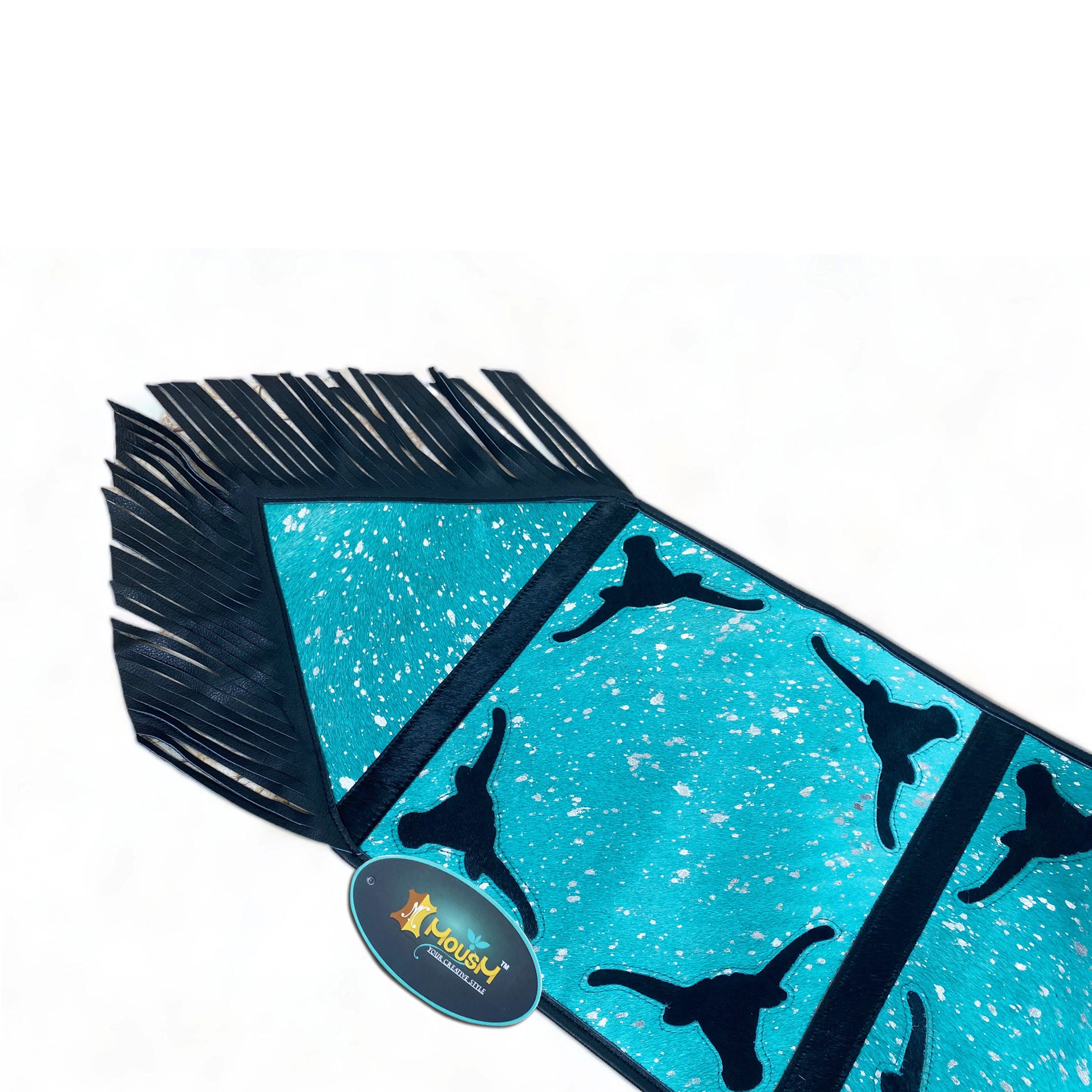 MOUSM Real Cow Hide Leather Table Runner - 72x12 Inches, Royal Blue Acid Wash Design with Laser Cut Bull Head Cow Hide Patched and Black Leather Fringes