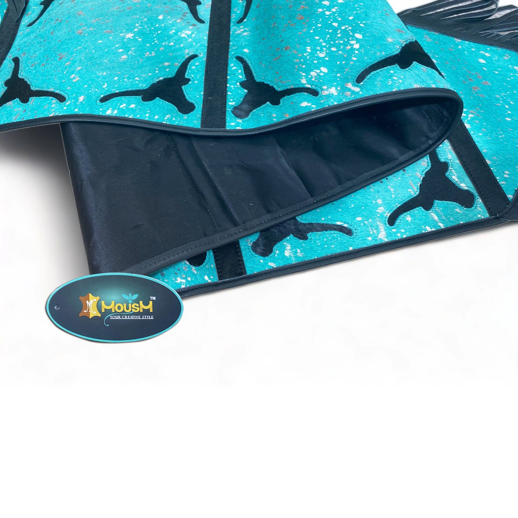 MOUSM Real Cow Hide Leather Table Runner - 72x12 Inches, Royal Blue Acid Wash Design with Laser Cut Bull Head Cow Hide Patched and Black Leather Fringes