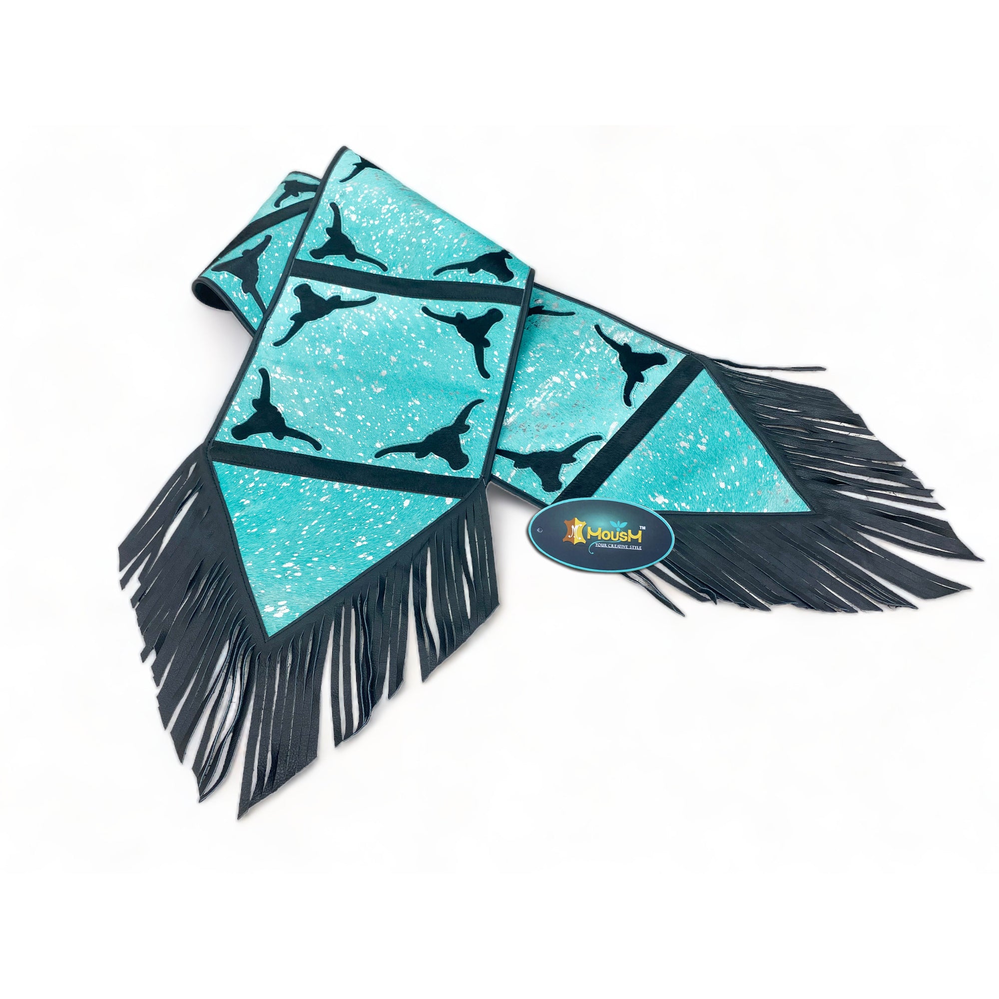 MOUSM Real Cow Hide Leather Table Runner - 72x12 Inches, Royal Blue Acid Wash Design with Laser Cut Bull Head Cow Hide Patched and Black Leather Fringes