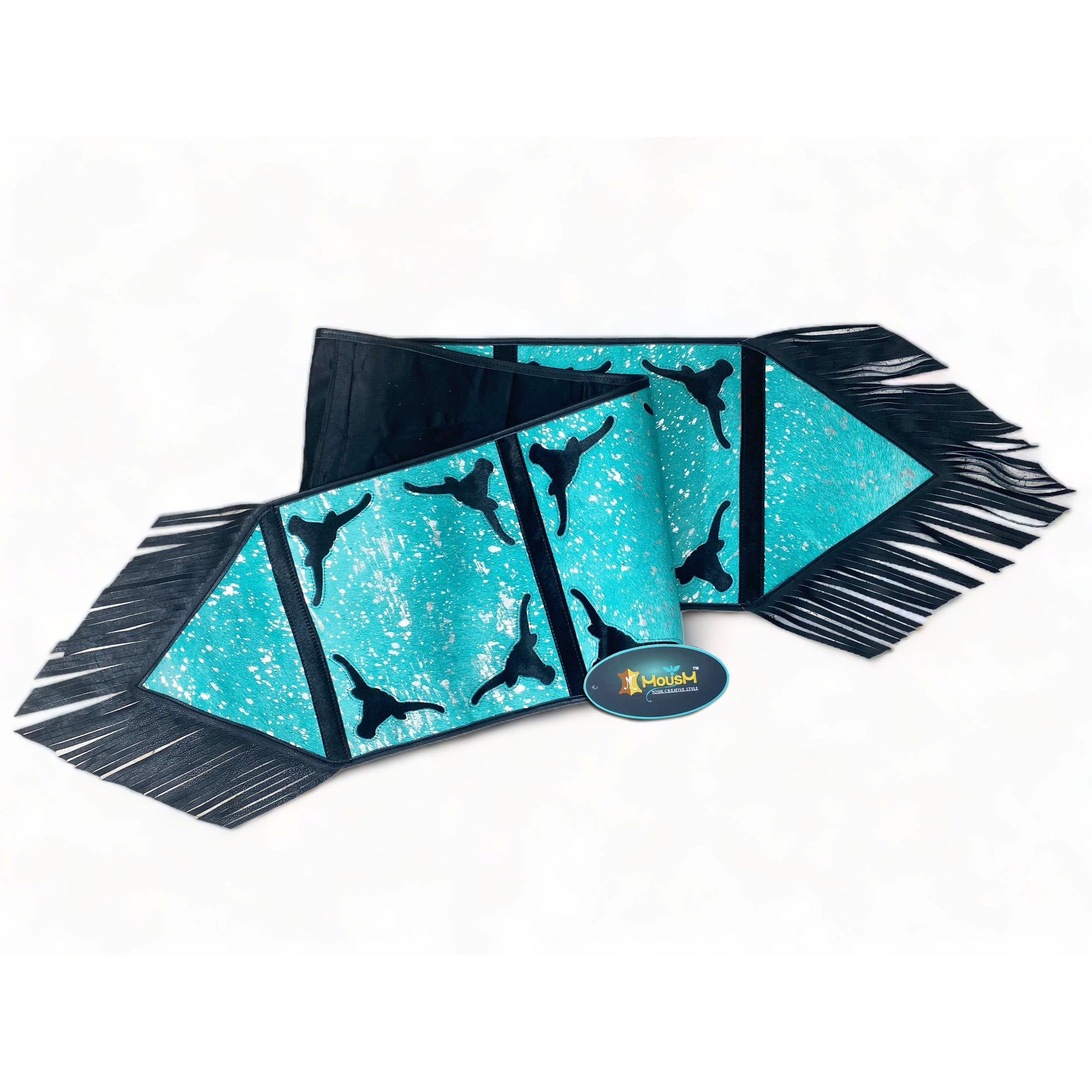 MOUSM Real Cow Hide Leather Table Runner - 72x12 Inches, Royal Blue Acid Wash Design with Laser Cut Bull Head Cow Hide Patched and Black Leather Fringes