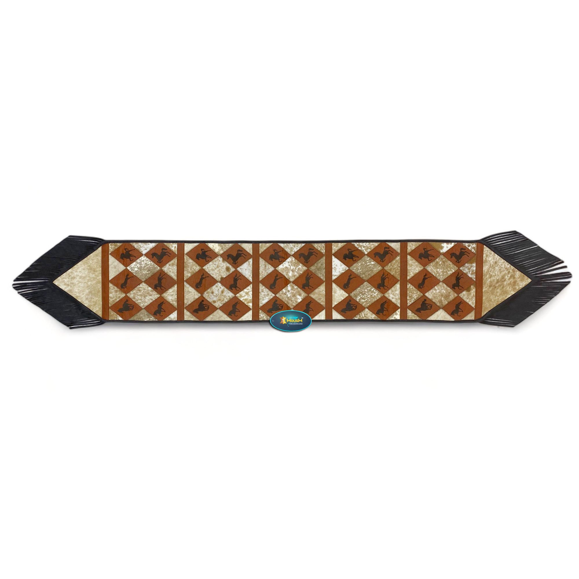 MOUSM Real Cowhide Leather Table Runner – 72x12 Inches, Genuine Cowhide with Laser-Cut Horse Logo Under Orange Diamond Patches & Black Leather Fringe
